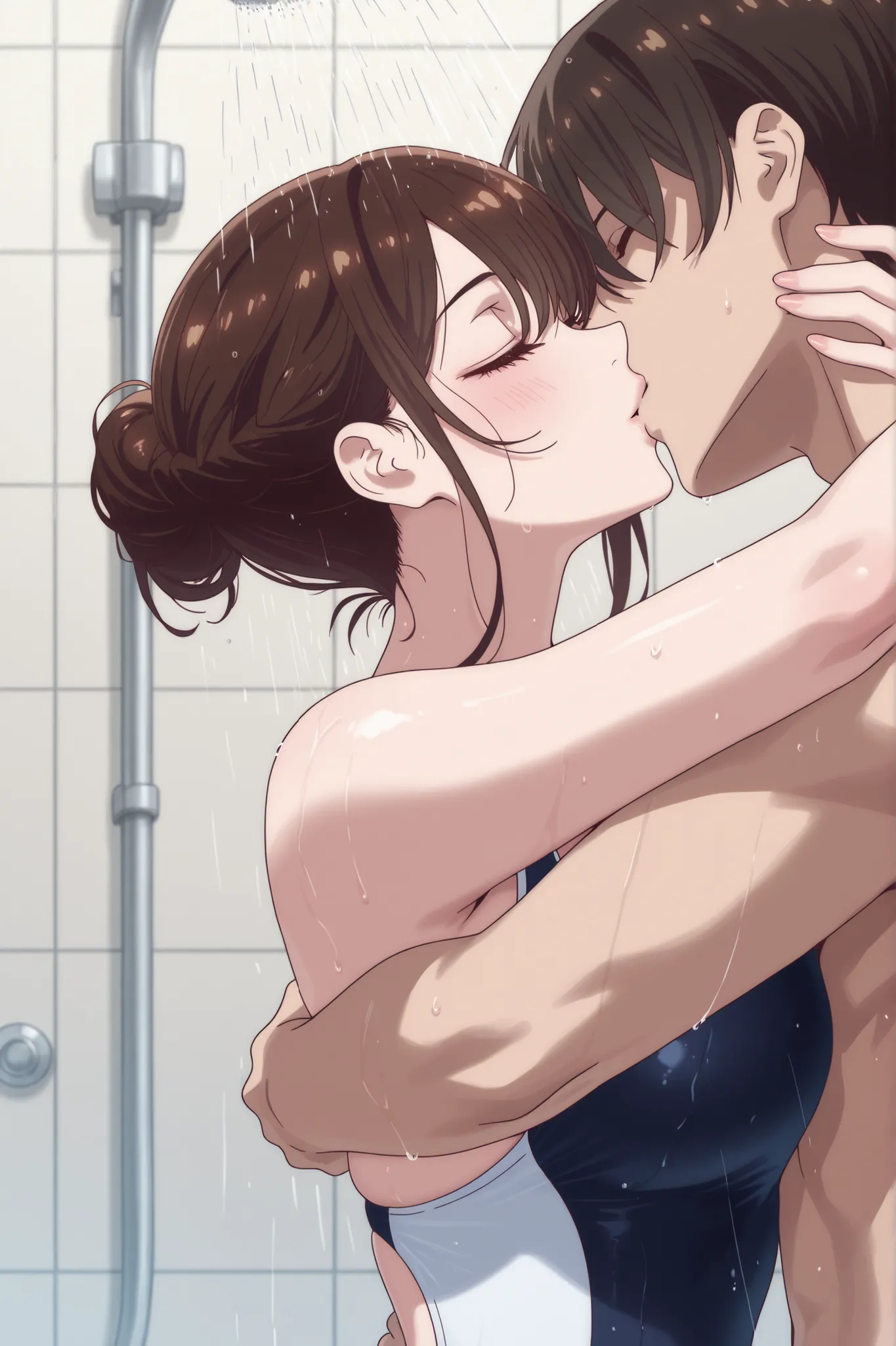 Japanese woman in swimsuit、Take a shower while being hugged from behind by a man in a swimsuit、Close your eyes and lie on your back on the、kissing each other