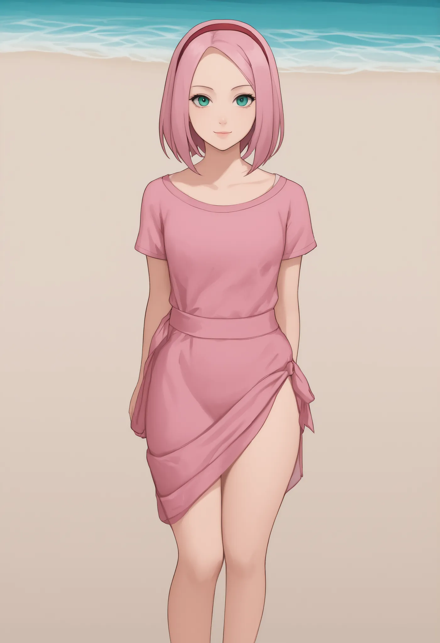 Sakura Haruno. small breasts, huge hips, pink hair, medium hair, light green eyes, thin lips, very fair skin, big forehead. | score_9, score_8_up, score_7_up, rating_safe, the beach, ideal cute face, looking at viewer, cute smile, wearing oversized v-neck ...