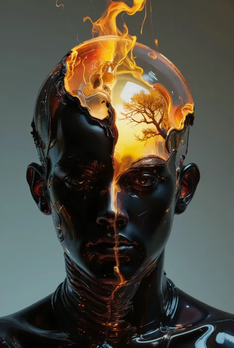 delirium style. This image is digital art, rendered in hyperrealistic CGI style, with a shiny, almost robotic human head. the central figure is stylized, with an orange-yellow aura visible,  dark, an image of a tree that shines like a flame, sophisticated,...