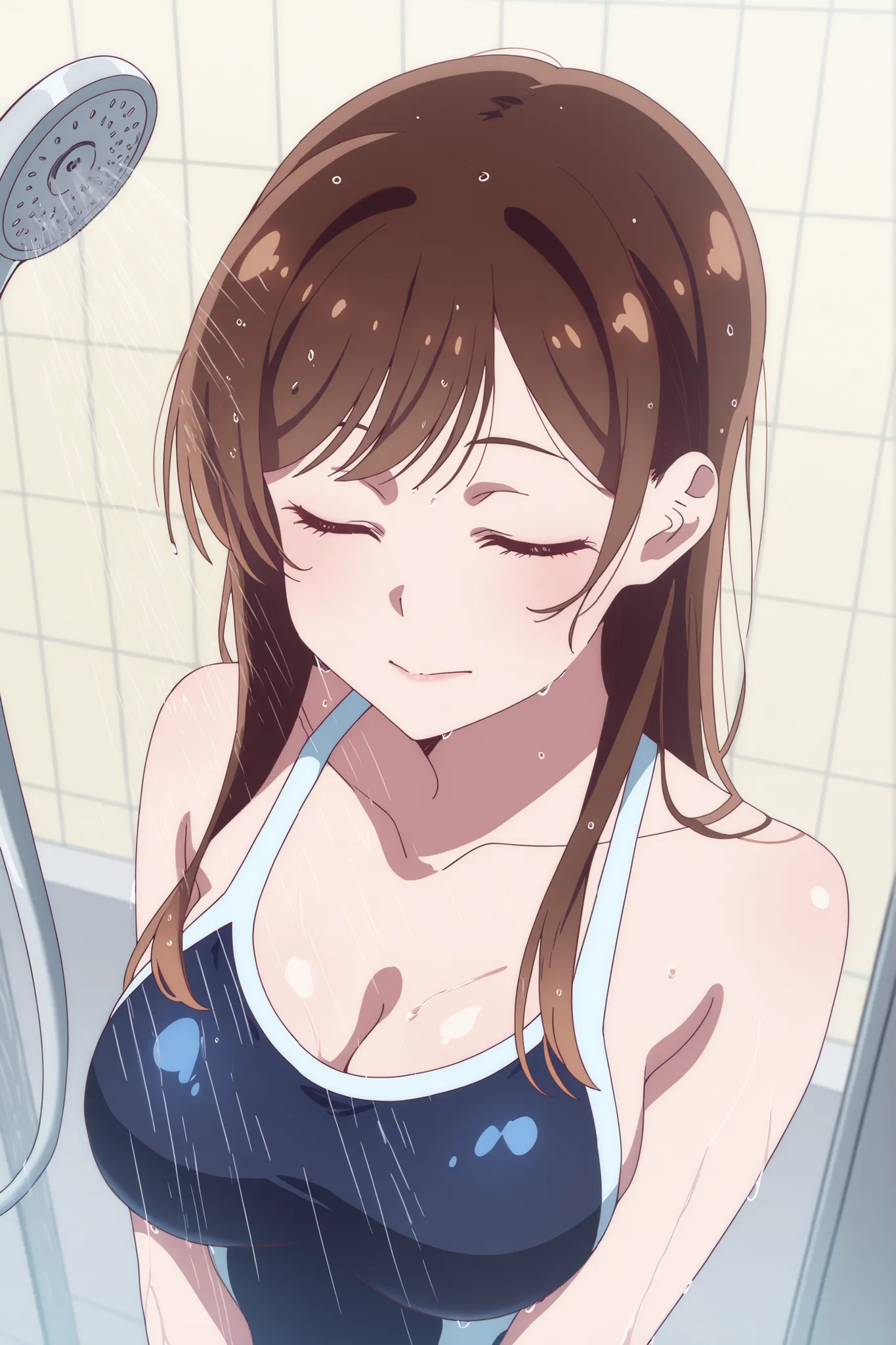  in a swimsuit、brown-haired woman with her eyes closed、別の in a swimsuit男にキスして抱きしめる、Bathing in an outdoor shower