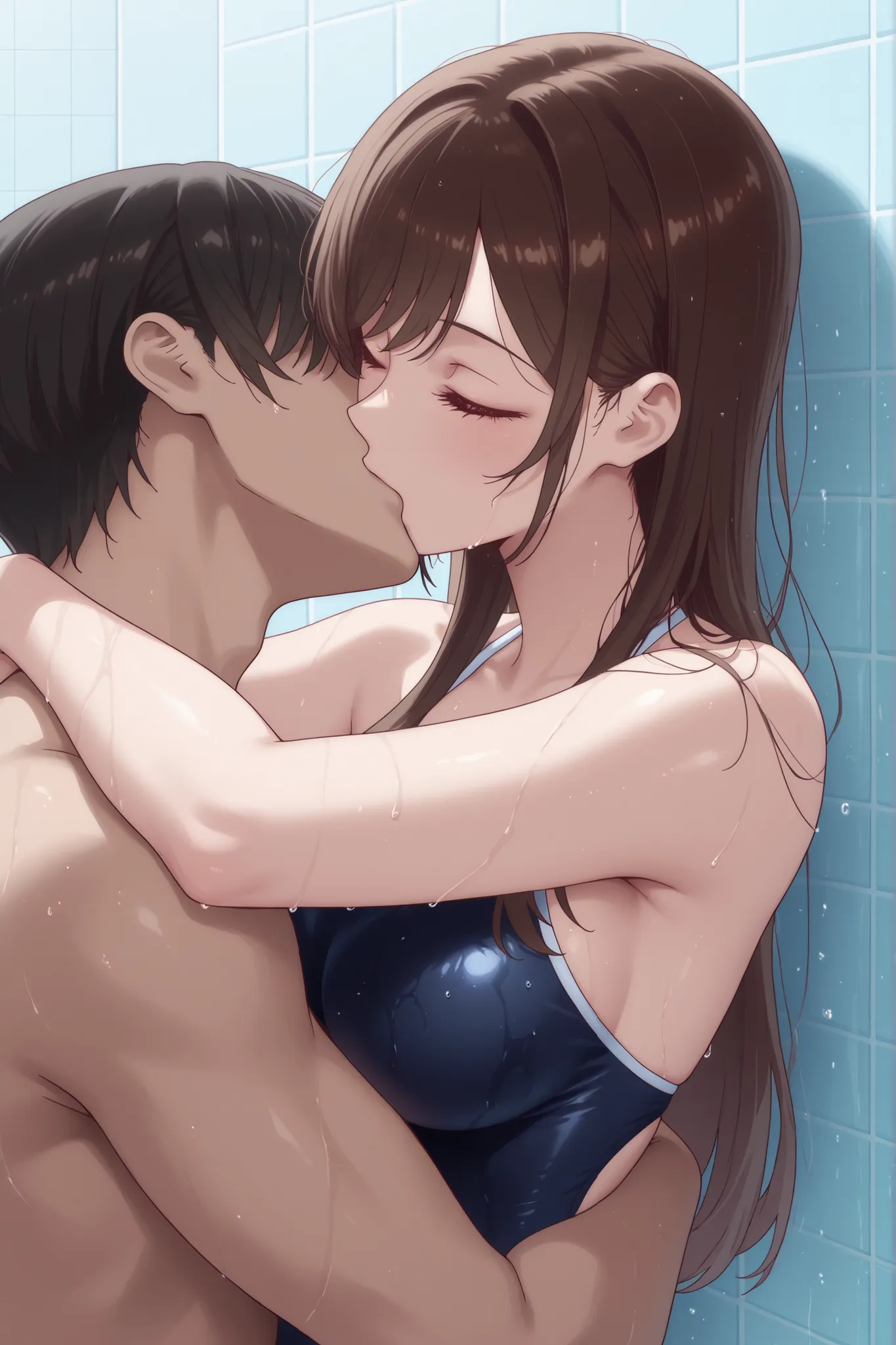 A Japanese woman in a swimsuit、Take a shower while being hugged from behind by a man in a swimsuit、Close your eyes、kissing each other