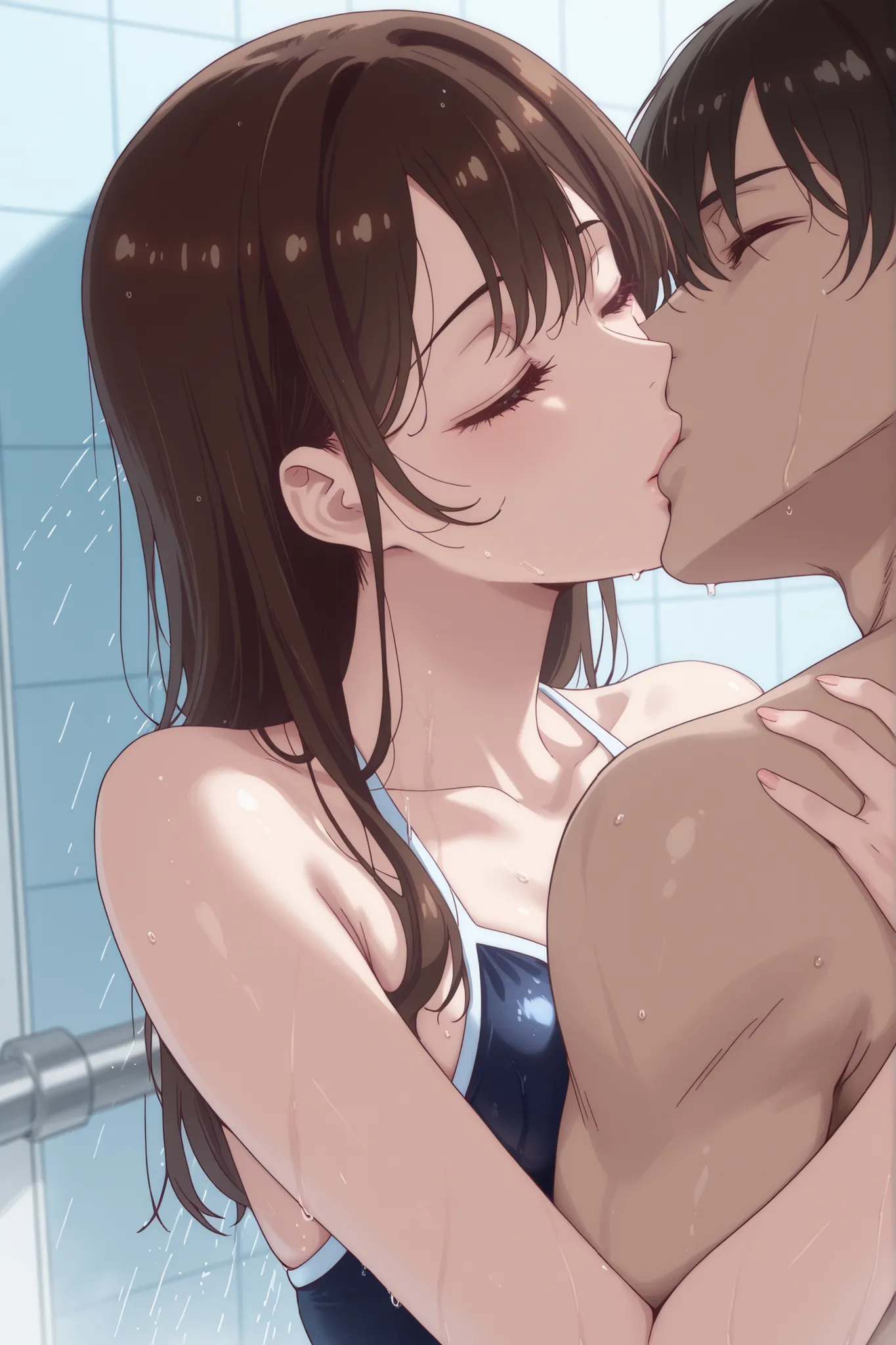 A Japanese woman in a swimsuit、Take a shower while being hugged from behind by a man in a swimsuit、Close your eyes、kissing each other