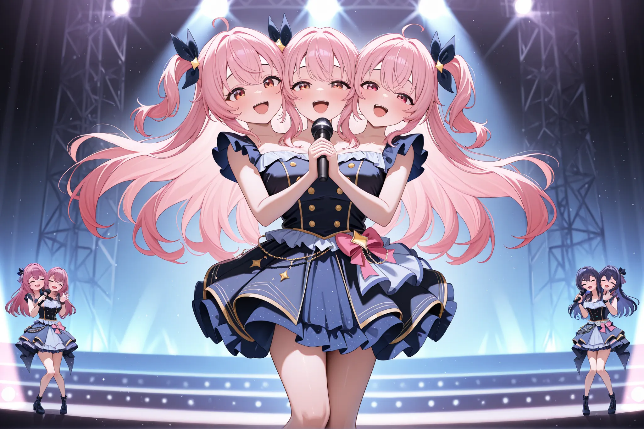 masterpiece, best quality, absurdres, conjoined, 4girls, 4 heads, multiple girls, idol girl on stage, singing, smile open mouth, dress, long hair, stage light, holding microphone, solo, rating_safe