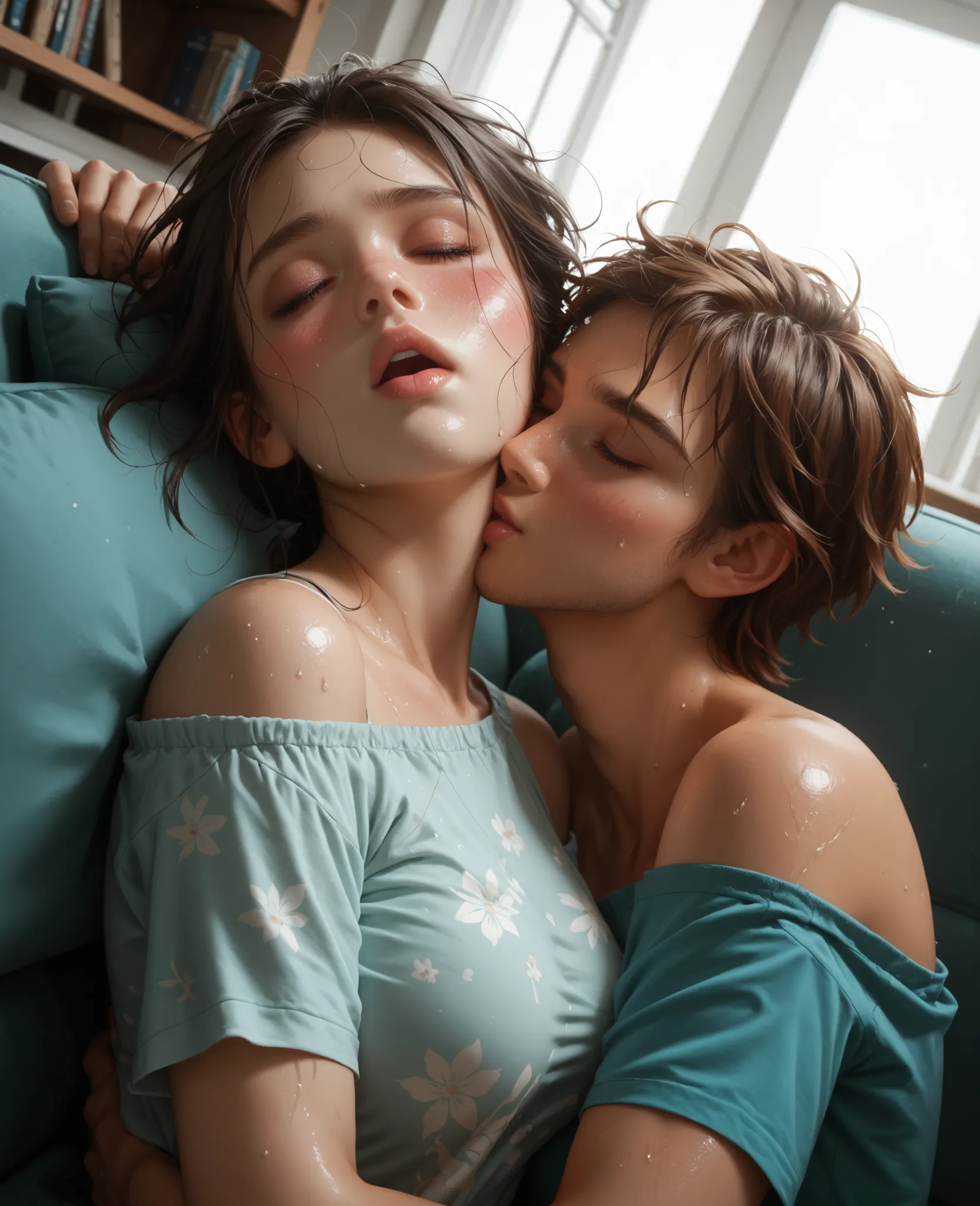 score_9, score_8_up, score_7_up, 1woman, solo, hair, closed eyes, white-skinned female, fair-skinned female, black short ponytail, lovely medium breasts, perfect body, cyan t shirt and black floral shorts, messy clothes and hair, exposed shoulder, sweat, f...