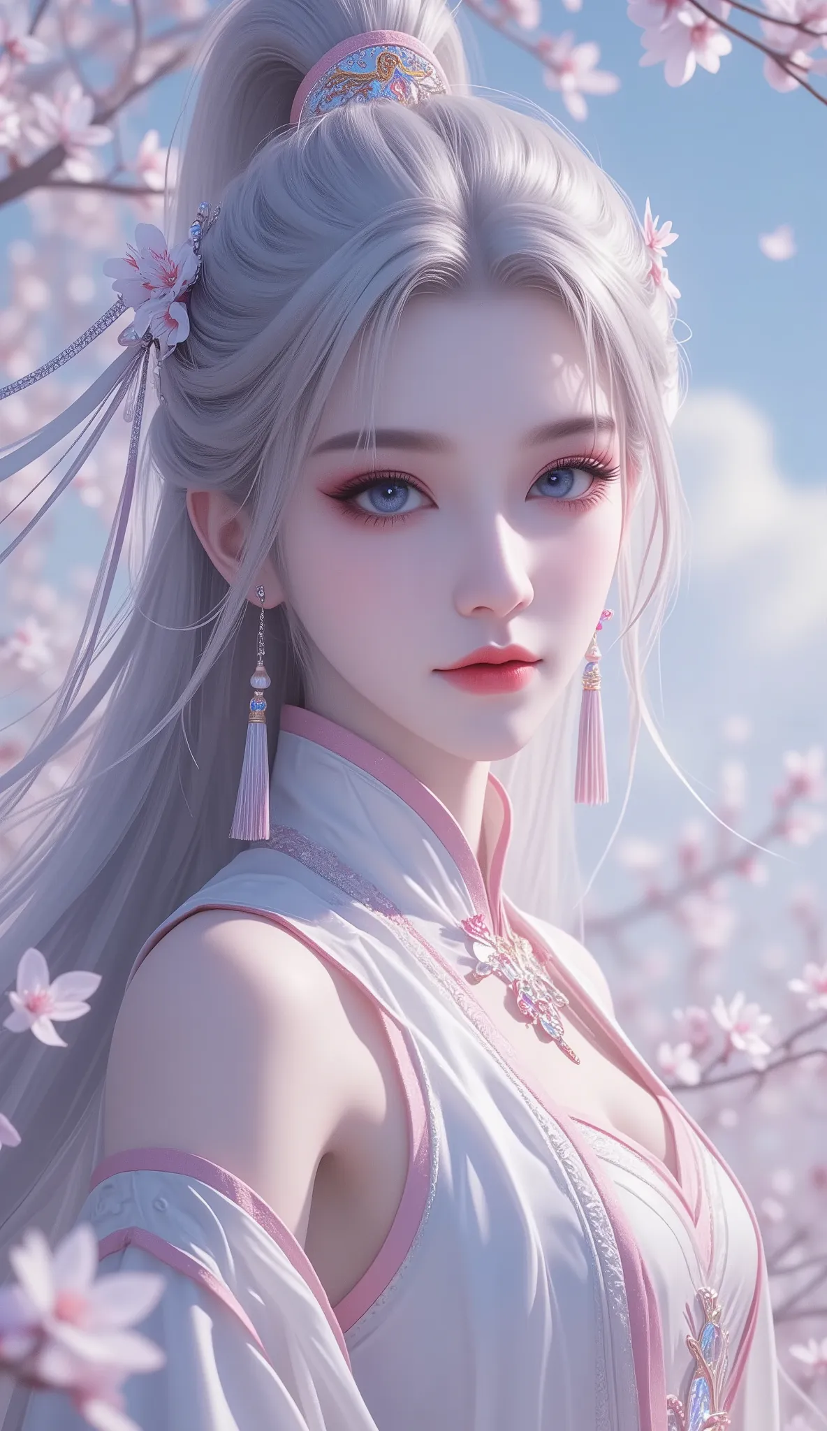 Chinese Fairy Tales character, extremely details, high detailed face, mature woman, milf, extremely busty, cool beauty, living expressions, (cold gaze, cold eyes, blue eyes), expressionless, (silver hair), highlight, high ponytail, parted bangs, shiny silk...