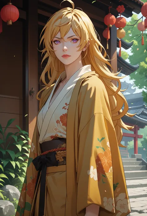 (Yang Xiao Long) from "RWBY" ((anime style)) wearing an kimono, ((spring)), ((shonen style))