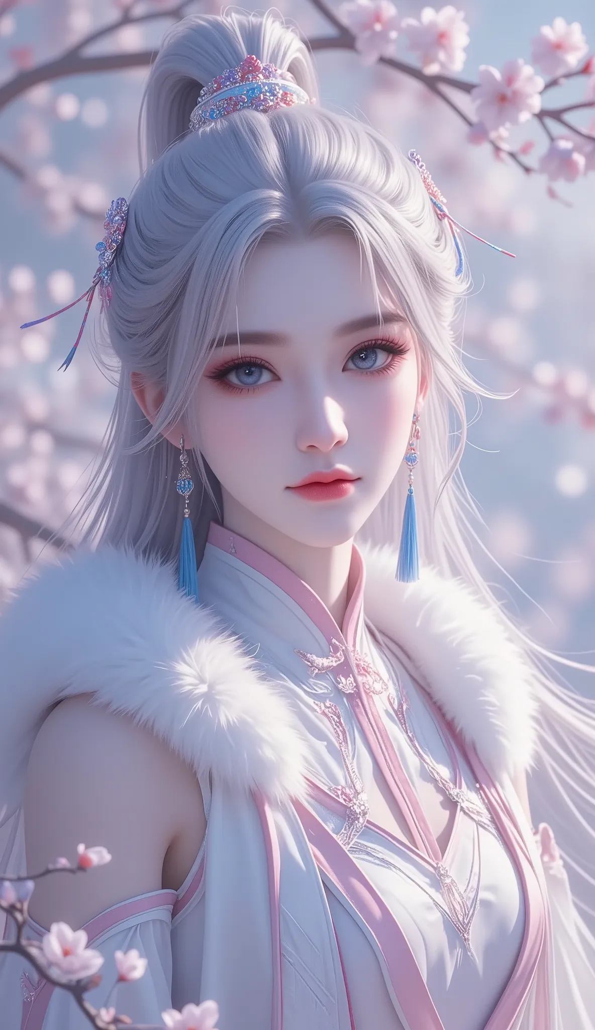 Chinese Fairy Tales character, extremely details, high detailed face, mature woman, milf, extremely busty, cool beauty, living expressions, (cold gaze, cold eyes, blue eyes), expressionless, (silver hair), highlight, high ponytail, parted bangs, shiny silk...