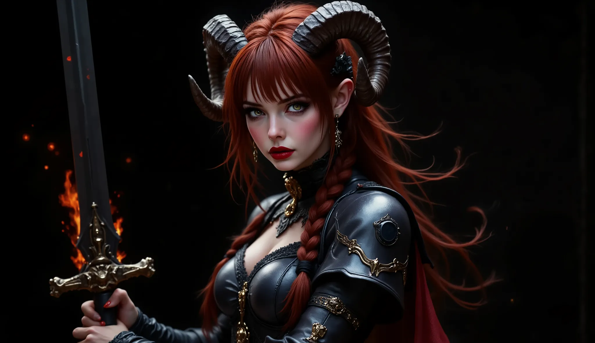 Image of the bust from head to chest, facing the camera in a high angle foreshortening, beautiful woman, very long hair tied in a very long braid that reaches her . Fire red hair, very detailed hair, she is a medieval fantasy demon warrior. Very detailed b...