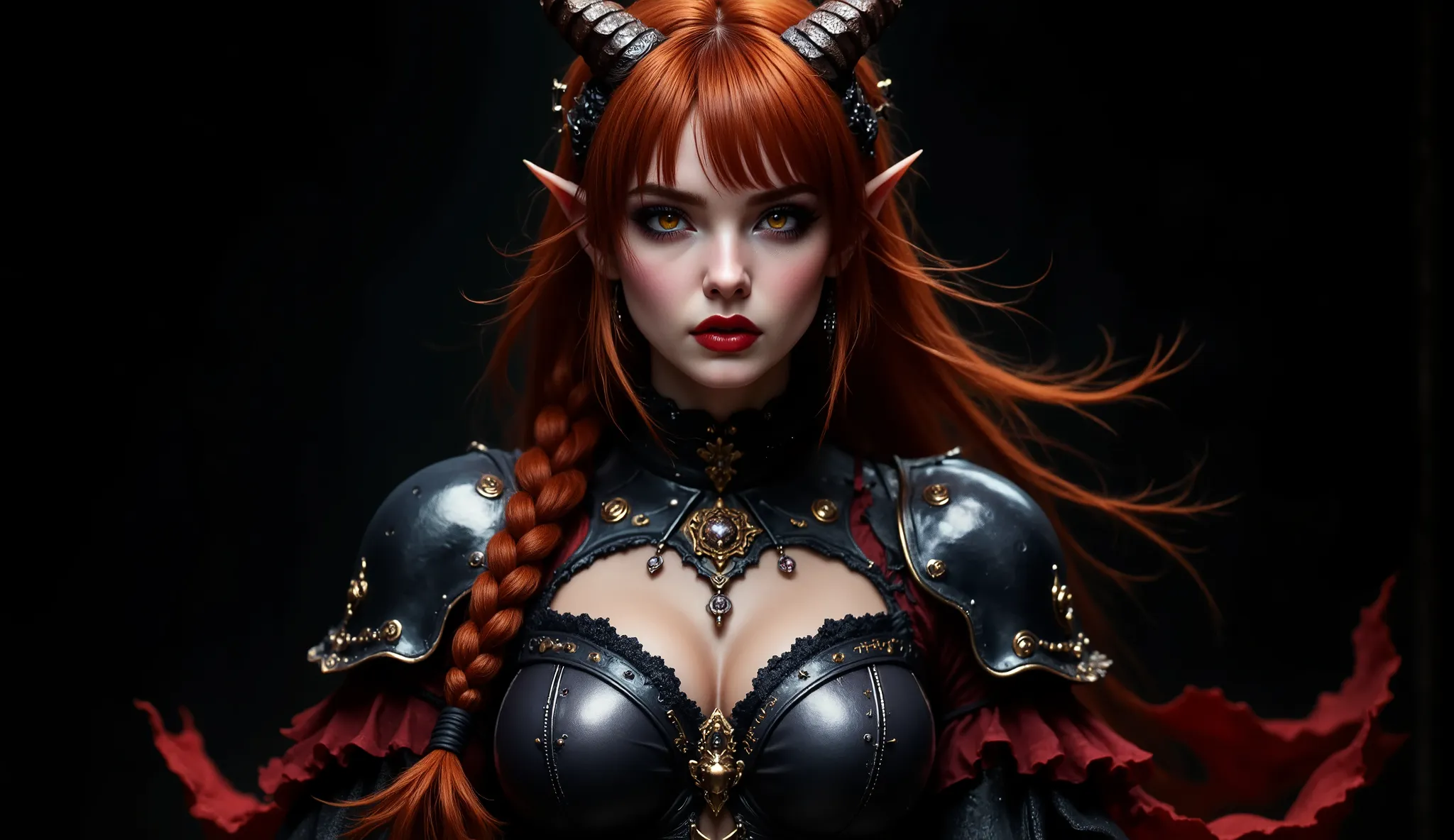 Image of the bust from head to chest, facing the camera in a high angle foreshortening, beautiful woman, very long hair tied in a very long braid that reaches her . Fire red hair, very detailed hair, she is a medieval fantasy demon warrior. Very detailed b...
