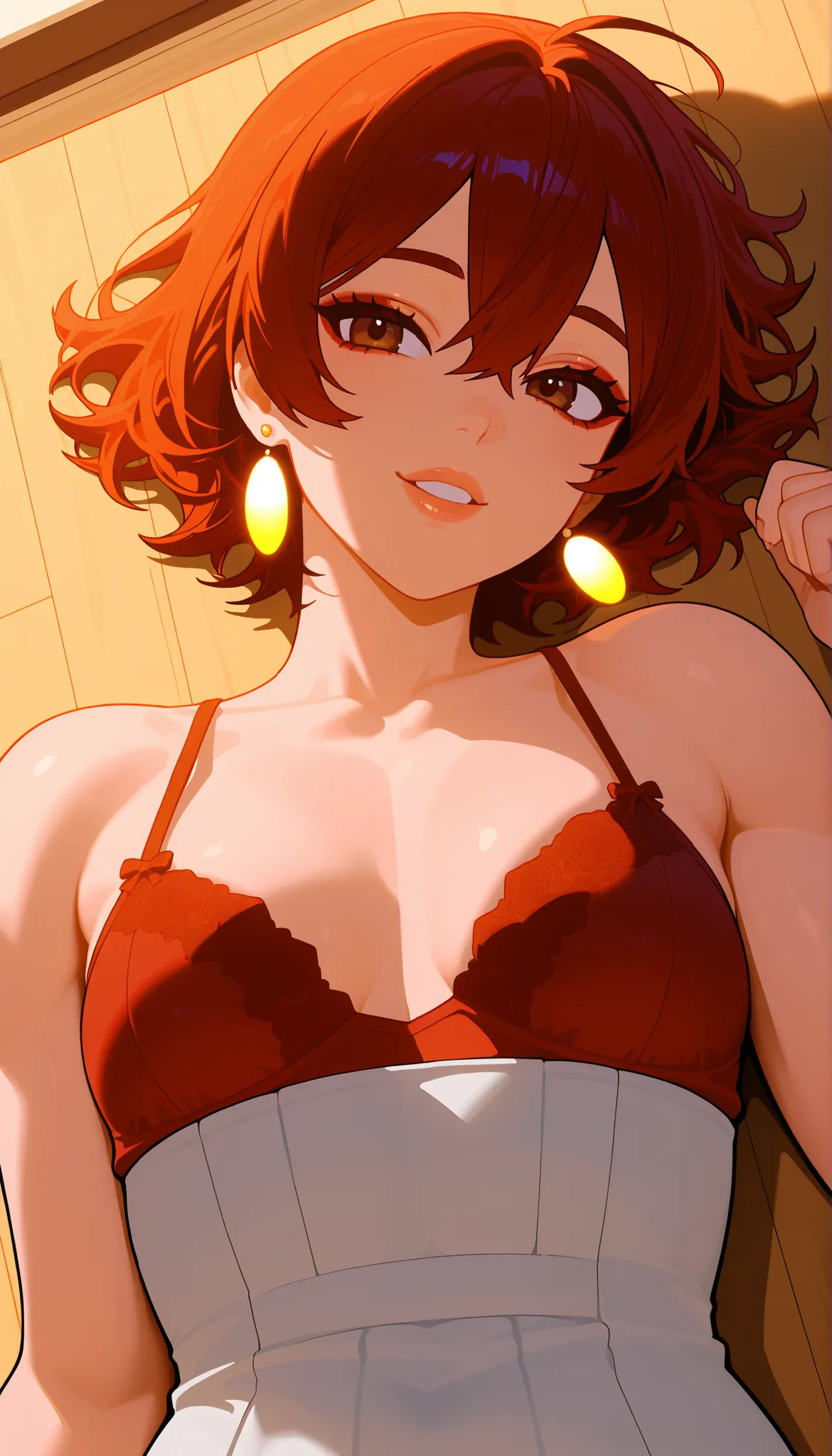 (masterpiece), (Portrait), Small Breasts (aesthetics), ((1 womanhood 21 years old)), highlight earrings), (Short Hair, messy bangs, prickly hair)), ((hot blonde dark hair)), Wave Hair, narrow, open eyes, brown eyes, cute, womanhood, Woman, mischievous smil...