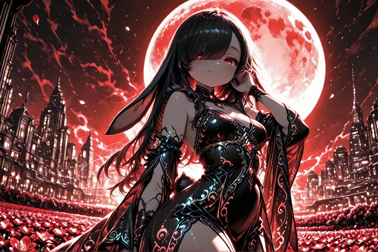 1girl, Kuroki Monika, lop-eared rabbit girl, black rabbit ears, long drooping rabbit ears, black rabbit tail, red eyes, hair over right eye, black hair
, elegant gown, flowing hair, soft light, glowing dress, gold embroidery, gemstones, bold_primary_colors...