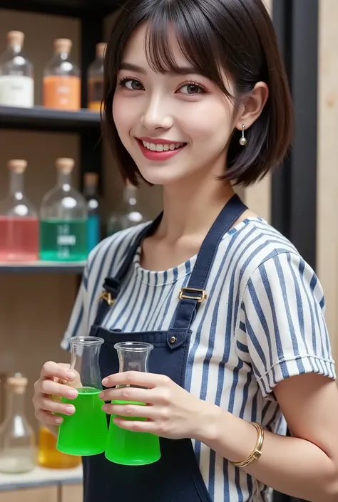 realistic,Real,frame up to the waist,((Law Angle2.0)),((Law Angle2.0)),((Law Angle2.0)),((shop:壁つけshop舗,I have lots of flasks and beakers on the wall、It's colorful and contains fluorescent paint liquid)),((shopの入り口に立っている2.0)),((Framing up to the knee)),sho...