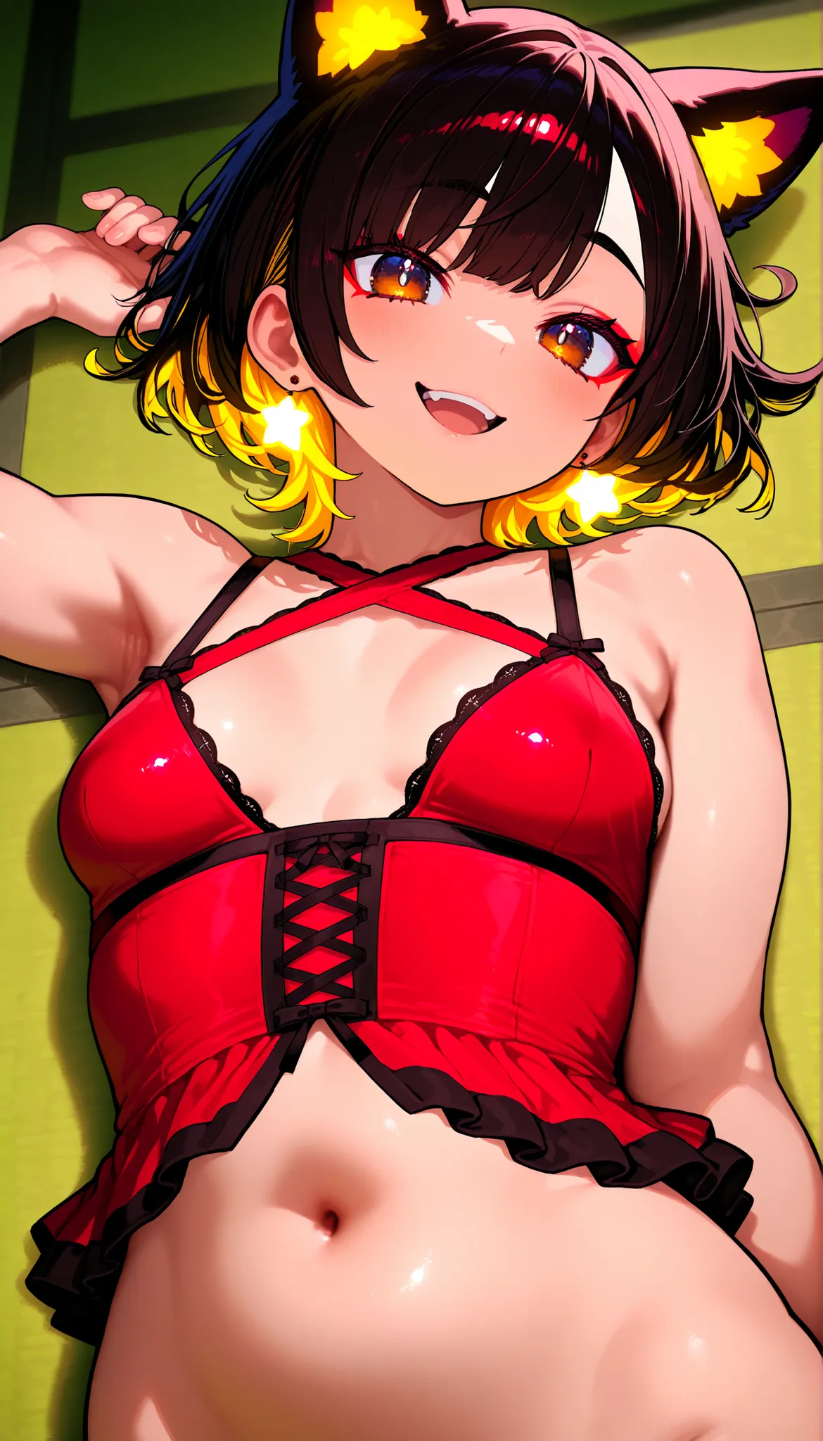 (masterpiece), (Portrait), Small Breasts (aesthetics), ((1 womanhood 21 years old)), highlight earrings), (Short Hair, messy bangs, prickly hair)), ((hot blonde dark hair)), Wave Hair, narrow, open eyes, brown eyes, cute, womanhood, Woman, mischievous smil...