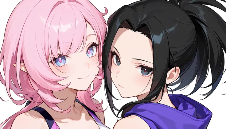 masterpiece, top quality, best quality, official art, beautiful and aesthetic:1.2),(8k, best quality, masterpiece:1.2), (((masterpiece))),(((best quality))),(((extremely detailed))), illustration, who, (masterpiece, top quality, best quality, official art, beautiful and aesthetic:1.2),(8k, best quality, masterpiece:1.2), 2 girls, Duo, BREAK, yaoyorozu momo, long hair, bangs, black hair, black eyes, Sleeveless Hoodie, Sports Bra, smile, blush, looking at viewer, BREAK, , elysia (honkai impact) , Elys , Fol001 , Ely_Def , pointy ears , long hair , low ponytail , pink hair , blue eyes , Hoodie, Sports Bra, smile, blush, looking at viewer ,simple background, face focus, eye focus, extreme close-up