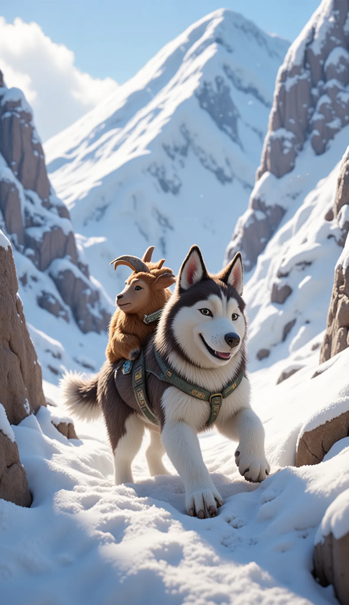 The brown goat sits on the back of the husky. The husky is trying to pull them up a dangerous high cliff. Snow slips under their feet. In the distance, the avalanche grows closer, white thunder cascading. Pixar cinematic 3D style.