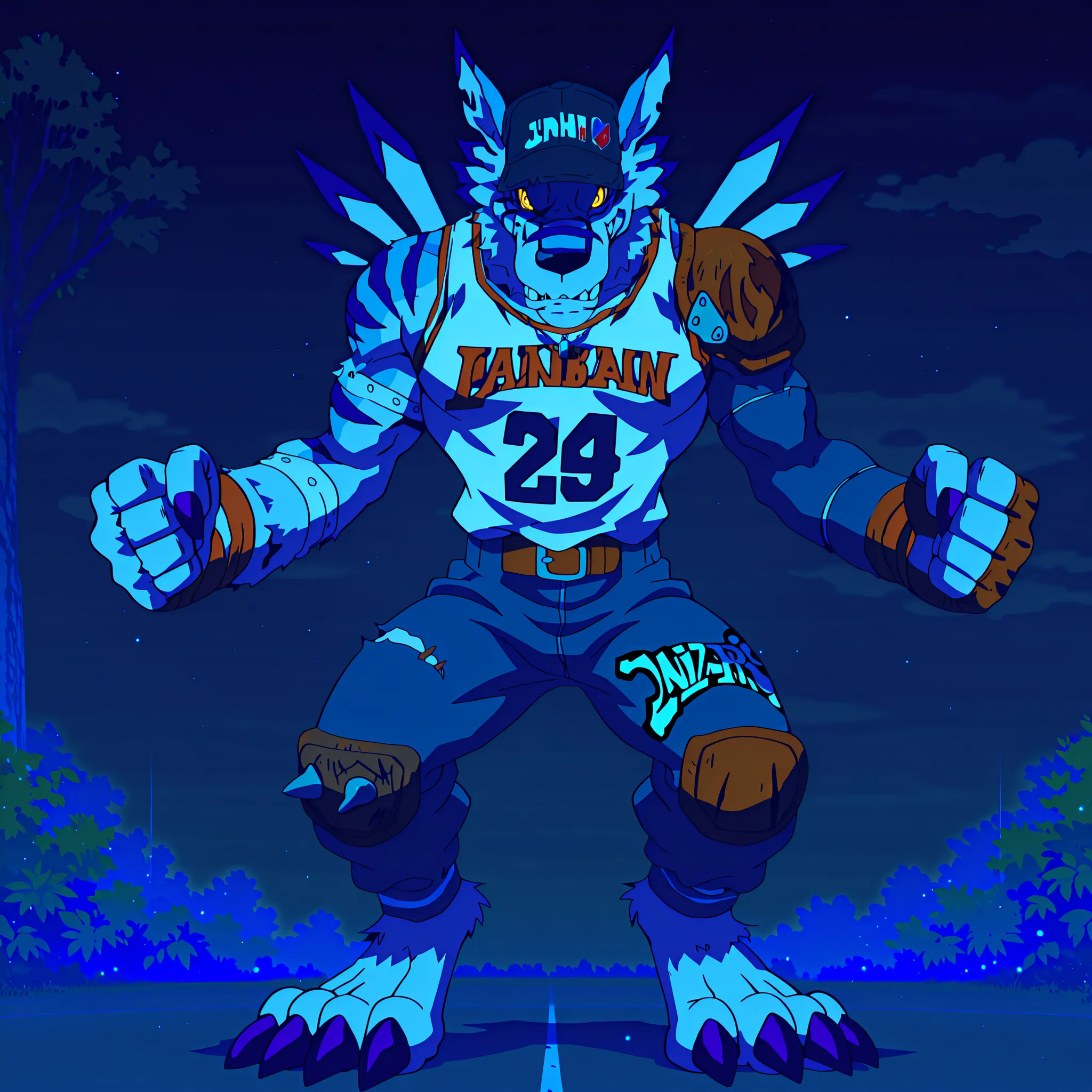 masterpiece, best quality, amazing quality, weregmonil, anthro, male, wolf, light blue fur, yellow eyes, dark blue stripes, purple claws, ripped blue jeans jorts with a spiked knee-pad on the right leg,  a leather pauldron on left shoulder, blue arm sleeve...