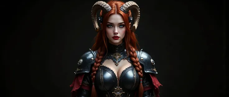 Image of the bust from head to chest, facing the camera in a high angle foreshortening, beautiful woman, very long hair tied in a very long braid that reaches her . Fire red hair, very detailed hair, she is a medieval fantasy demon warrior. Very detailed b...