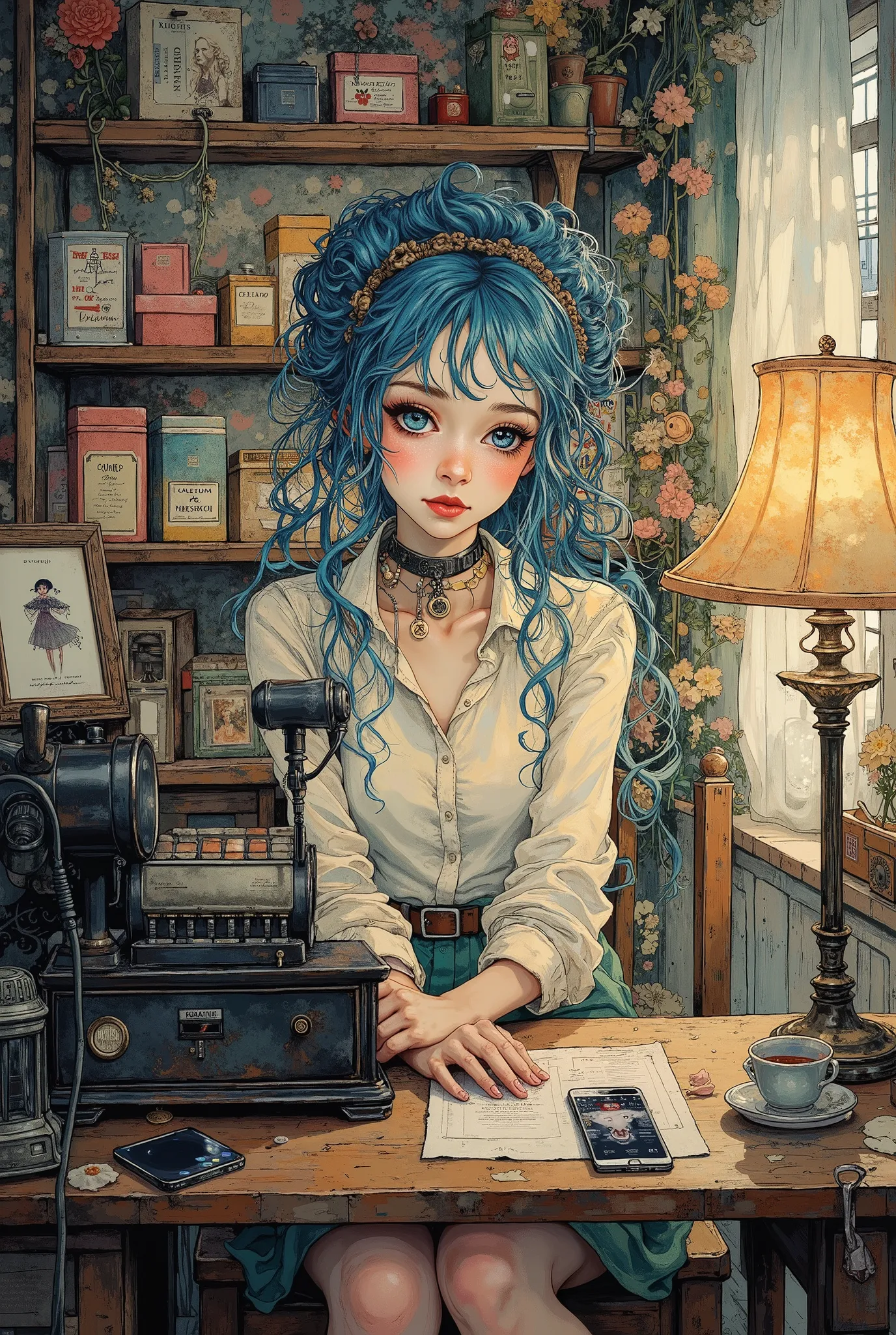 A young woman is a salesman in a dream store, she has long blue curly hair with white highlights, part of her hair is gathered in a careless fluffy bun. Her lips were a rich red, and her eyelashes were lush and fake. She looks charismatic and enthusiastic,...