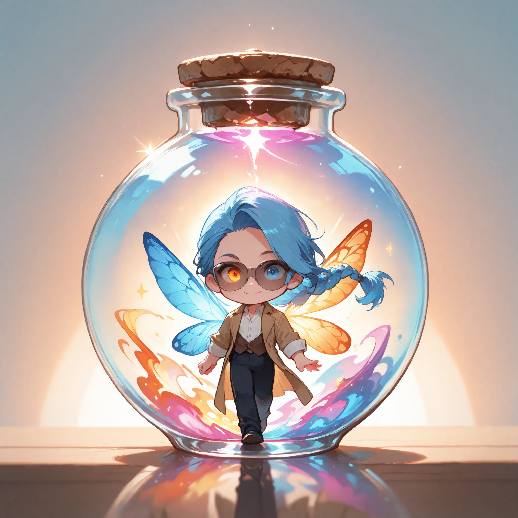 (masterpiece, high quality), chibi, solo, 1 boy, close-up, soft lighting, dreamy, magical, fantasy, fairy tale, tempest,
floating inside a transparent round glass bottle with cork, glowing liquid inside, fairy in a bottle
Male fairy, handsome, colorful spr...