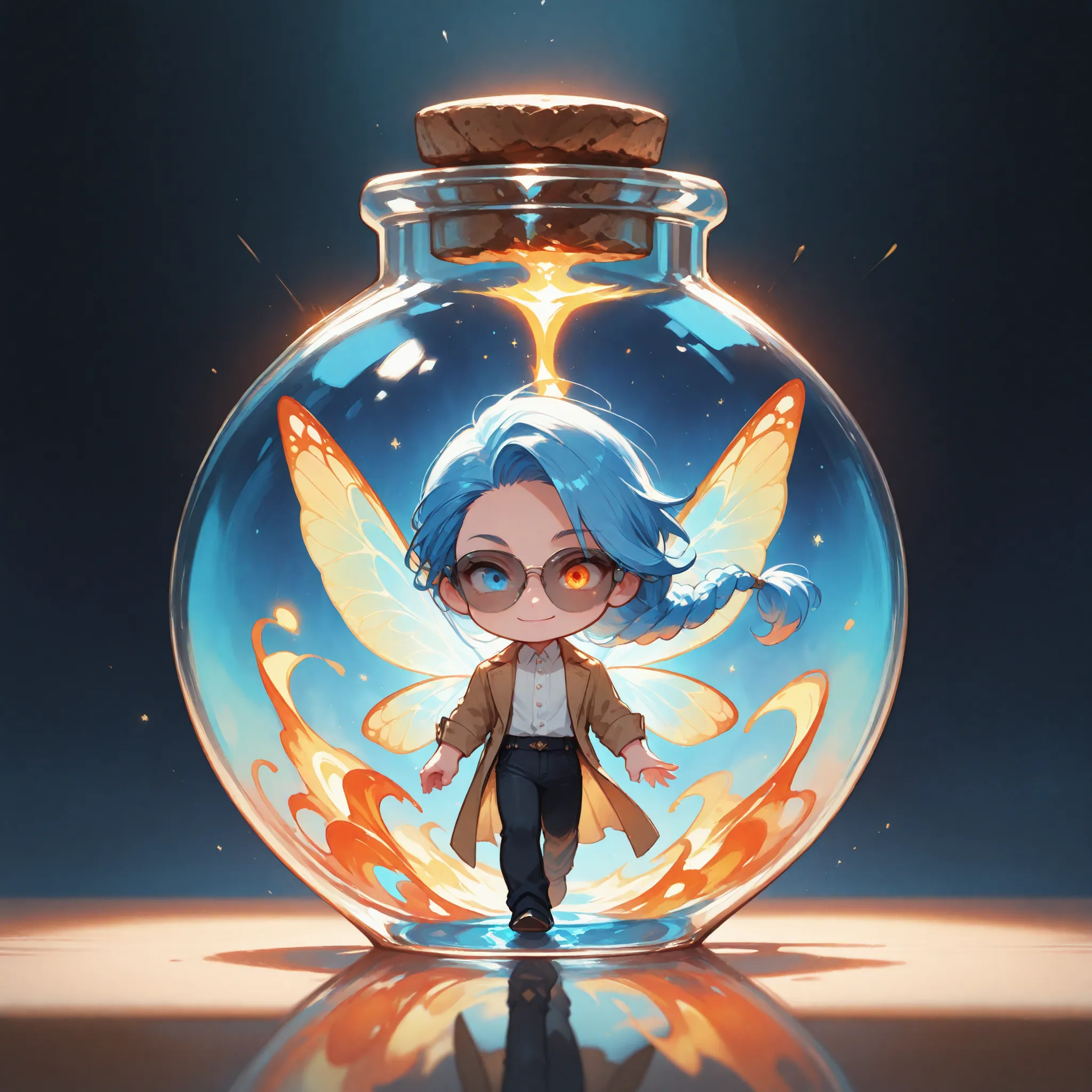 (masterpiece, high quality), chibi, solo, 1 boy, close-up, soft lighting, dreamy, magical, fantasy, fairy tale, tempest,
floating inside a transparent round glass bottle with cork, glowing liquid inside, fairy in a bottle
Male fairy, handsome, colorful spr...