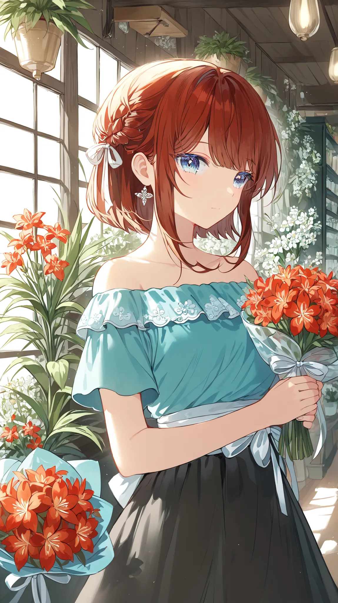 A gentle-looking Korean high school girl named Eunji, around, standing in a cozy flower shop filled with soft natural light. She has very short hazelnut hair made into elegant hairstyle, light blue eyes, and a calm, thoughtful expression. She's wearing cut...