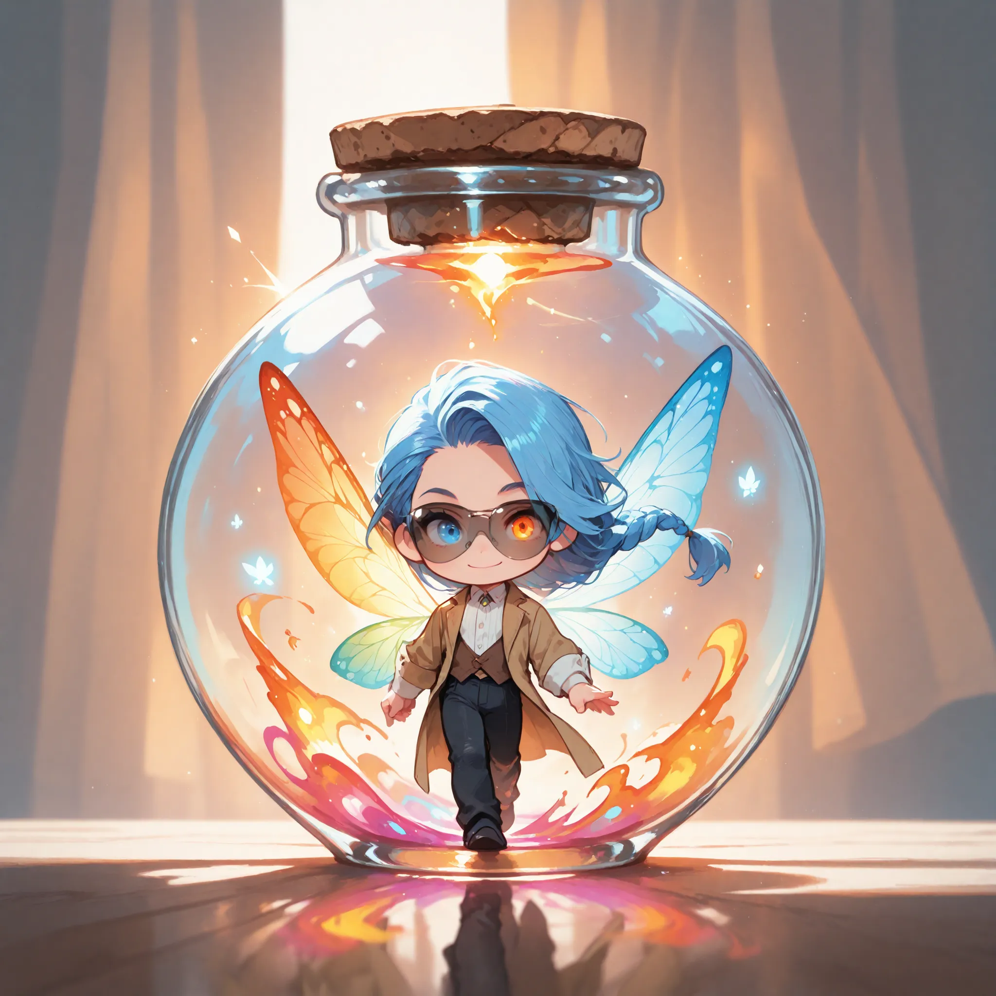 (masterpiece, high quality), chibi, solo, 1 boy, close-up, soft lighting, dreamy, magical, fantasy, fairy tale, tempest,
floating inside a transparent round glass bottle with cork, glowing liquid inside, fairy in a bottle
Male fairy, handsome, colorful spr...