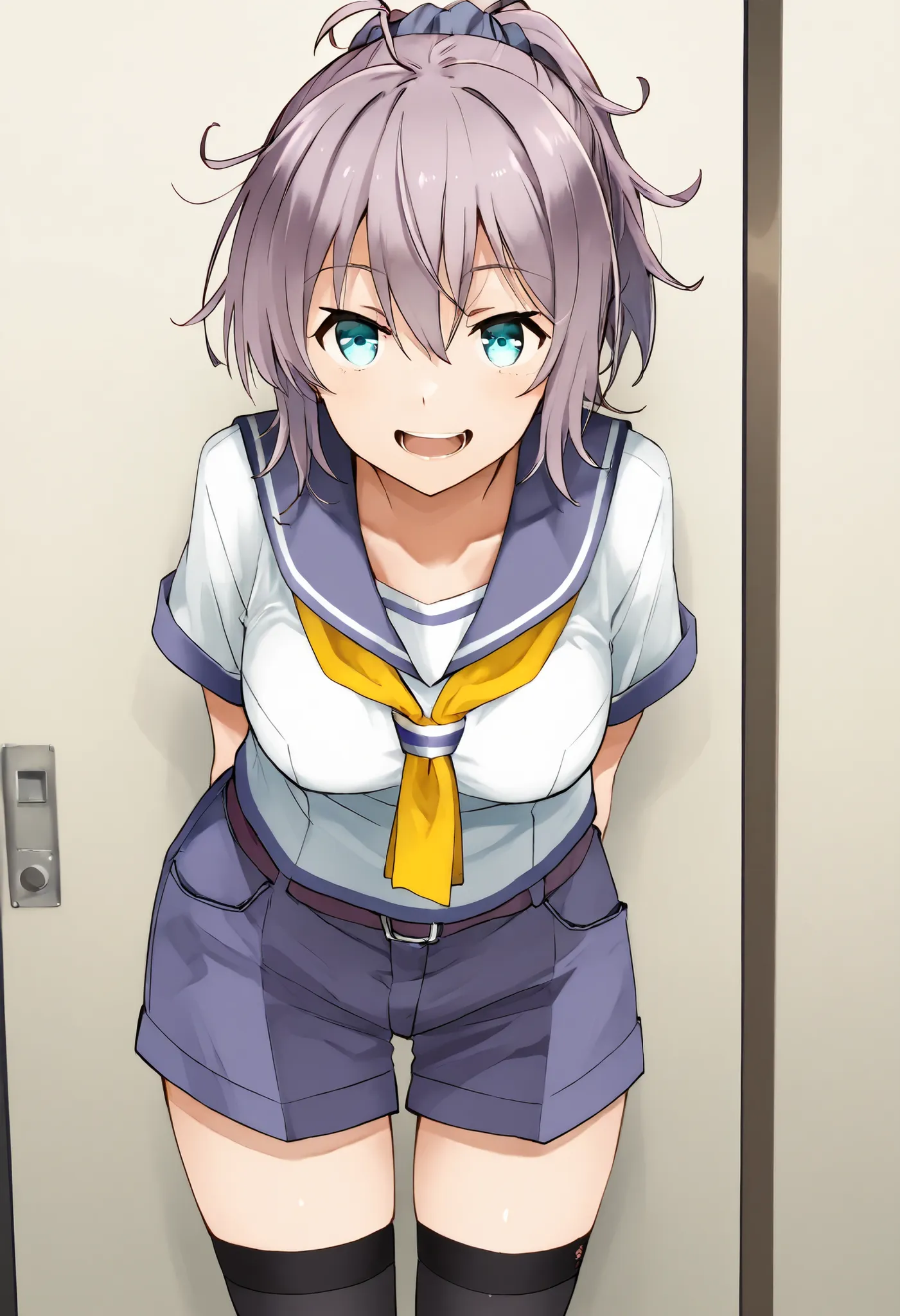 Aoba (KANCOLLE))
one girl, solos, detailed skin, Smiling, Open your mouth,
score_9,score_8_up, score_7_up, Source_Anime, masterpiece, top quality, official art, official style,  game CG, 
aobakc, purple_hair, messy hair, short ponytail, blue eyes, aqua eye...