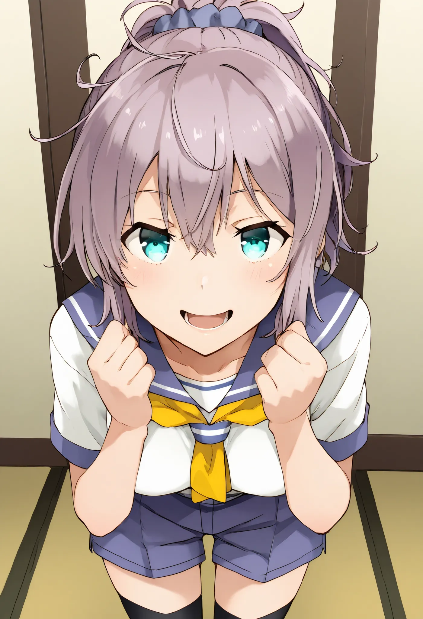 Aoba (KANCOLLE))
one girl, solos, detailed skin, Smiling, Open your mouth,
score_9,score_8_up, score_7_up, Source_Anime, masterpiece, top quality, official art, official style,  game CG, 
aobakc, purple_hair, messy hair, short ponytail, blue eyes, aqua eye...