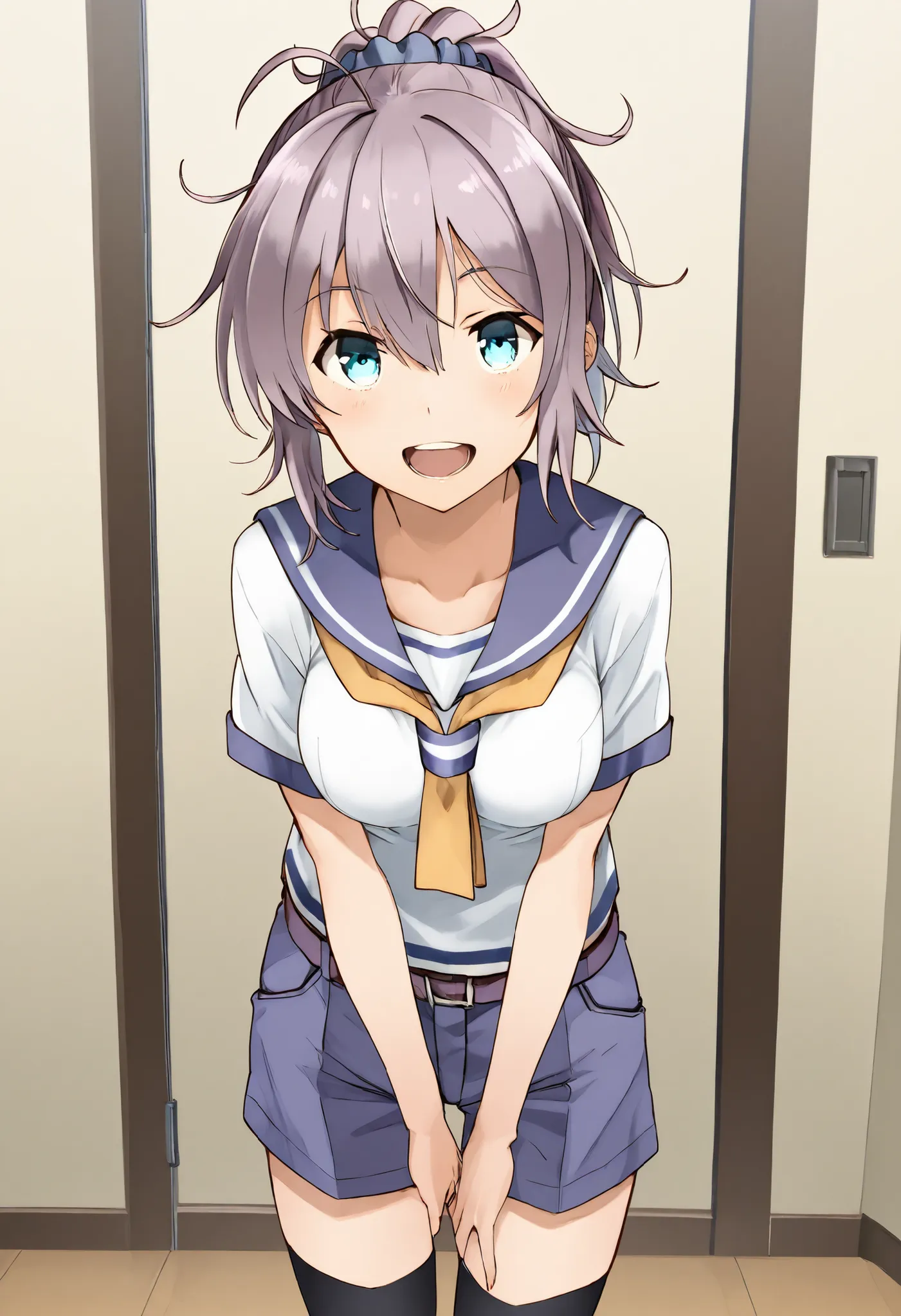Aoba (KANCOLLE))
one girl, solos, detailed skin, Smiling, Open your mouth,
score_9,score_8_up, score_7_up, Source_Anime, masterpiece, top quality, official art, official style,  game CG, 
aobakc, purple_hair, messy hair, short ponytail, blue eyes, aqua eye...