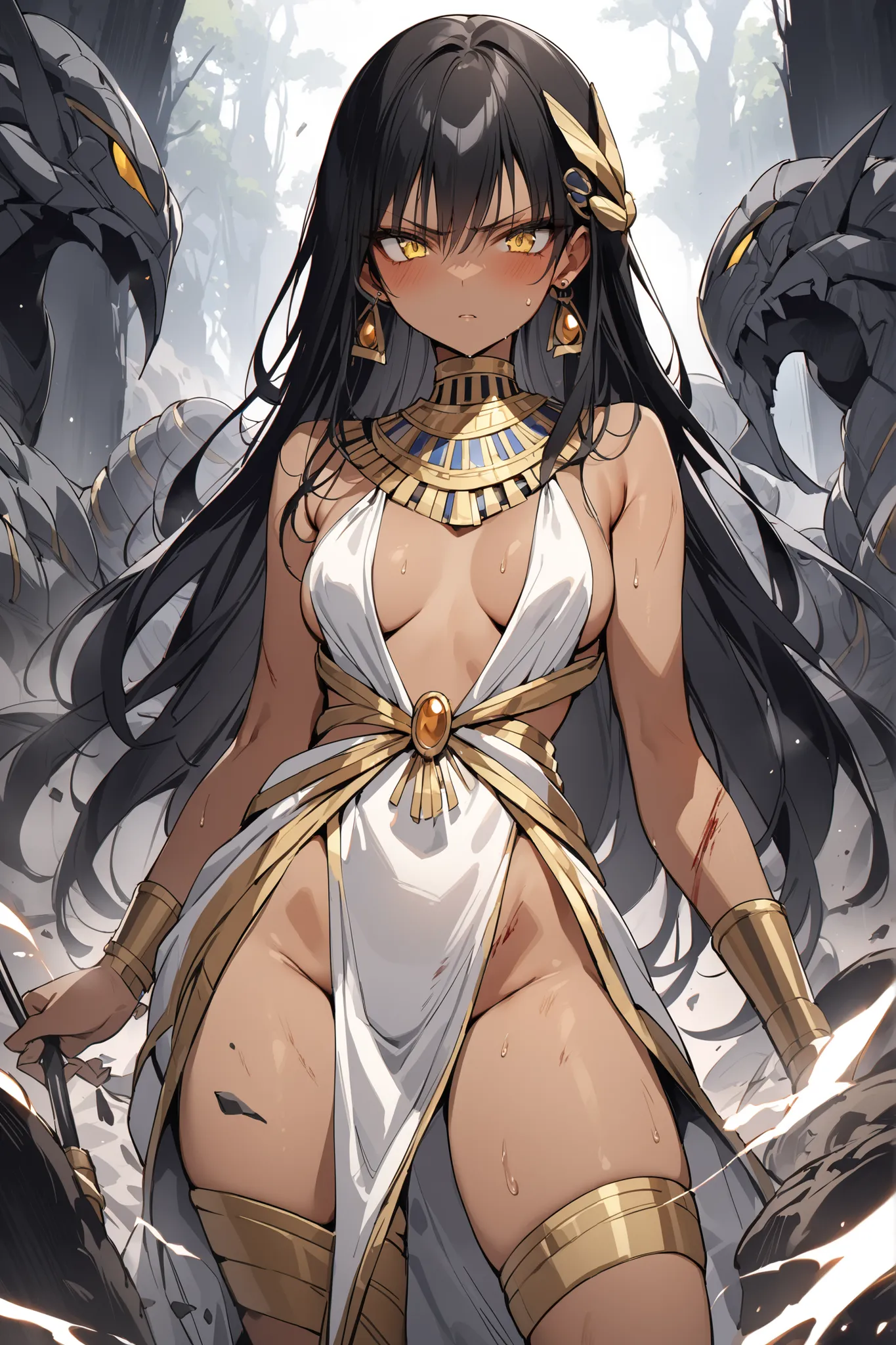 ((masterpiece,Highest Quality:1.2)),(soro),An ancient Egyptian princess with a slender figure and thin legs who fights fiercely against many monsters on a dark battlefield,cowboy shot, healthy tan skin ,Injury to the whole body,sweat,black long hair,Perfec...