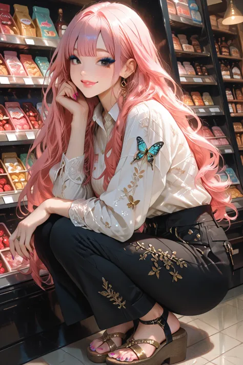 high quality, Hyper Details、Beautiful Path Through the Trees of the Forest、((Human Woman Looking Into the Small Shop(candy store)((A store that is high enough for a human waist))))、((crouching in front of the store)) human women、pastel illustration、White kamisa with exquisite gold embroidery、black cargo pants with exquisite gold embroidery、wedge sole Gurkha sandals、looking down in front of the store {x} half-up gold with bangs blue at the tip、black eyes、cherry blossom colored eyeshadow、Cherry Blossom-Colored Lips、Happy smile、Shocking Pink Nails、Swallowtail butterflies flying around、high definition