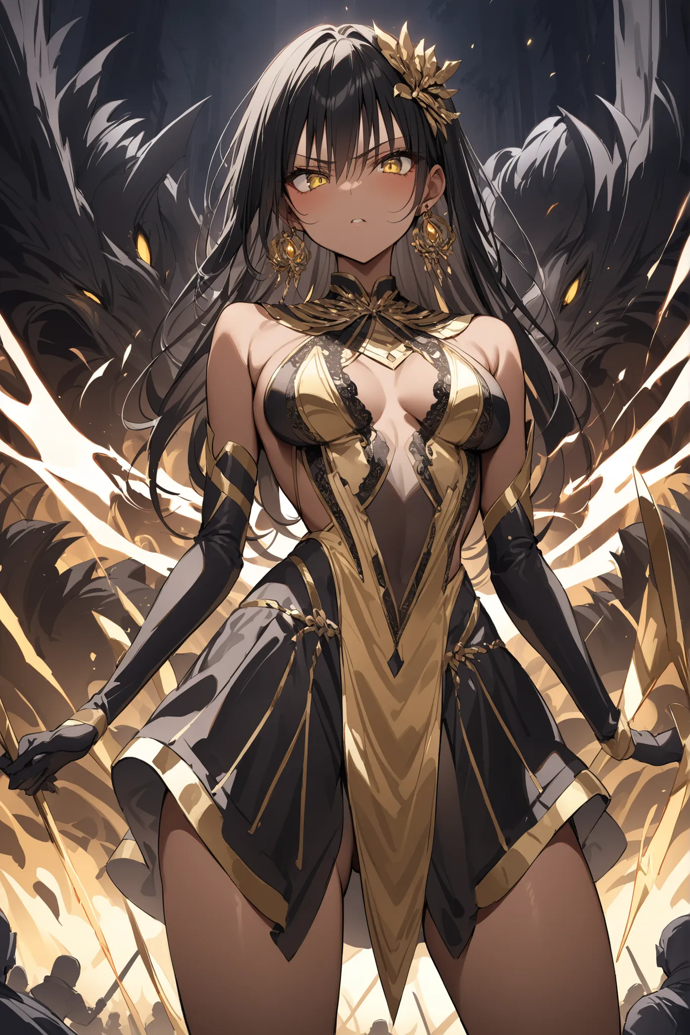 ((masterpiece,Highest Quality:1.2)),(soro),A slender, slender, and slender princess fighting fiercely against many monsters on a dark battlefield,cowboy shot, healthy tan skin ,black long hair,Perfect yellow eyes, tree eyes ,serious expression,A hair acces...