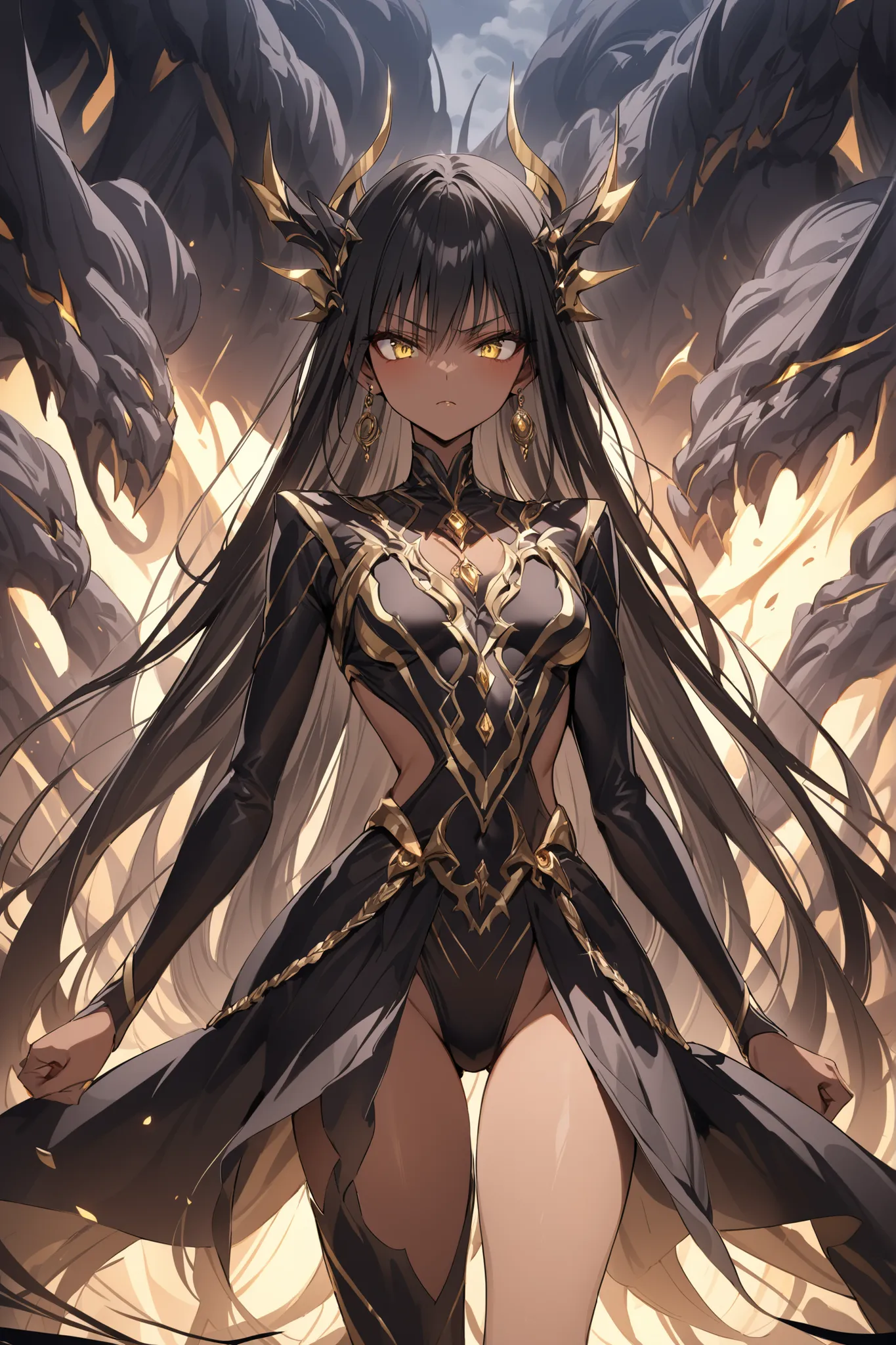 ((masterpiece,Highest Quality:1.2)),(soro),A slender, slender, and slender princess fighting fiercely against many monsters on a dark battlefield,cowboy shot, healthy tan skin ,black long hair,Perfect yellow eyes, tree eyes ,serious expression,A hair acces...