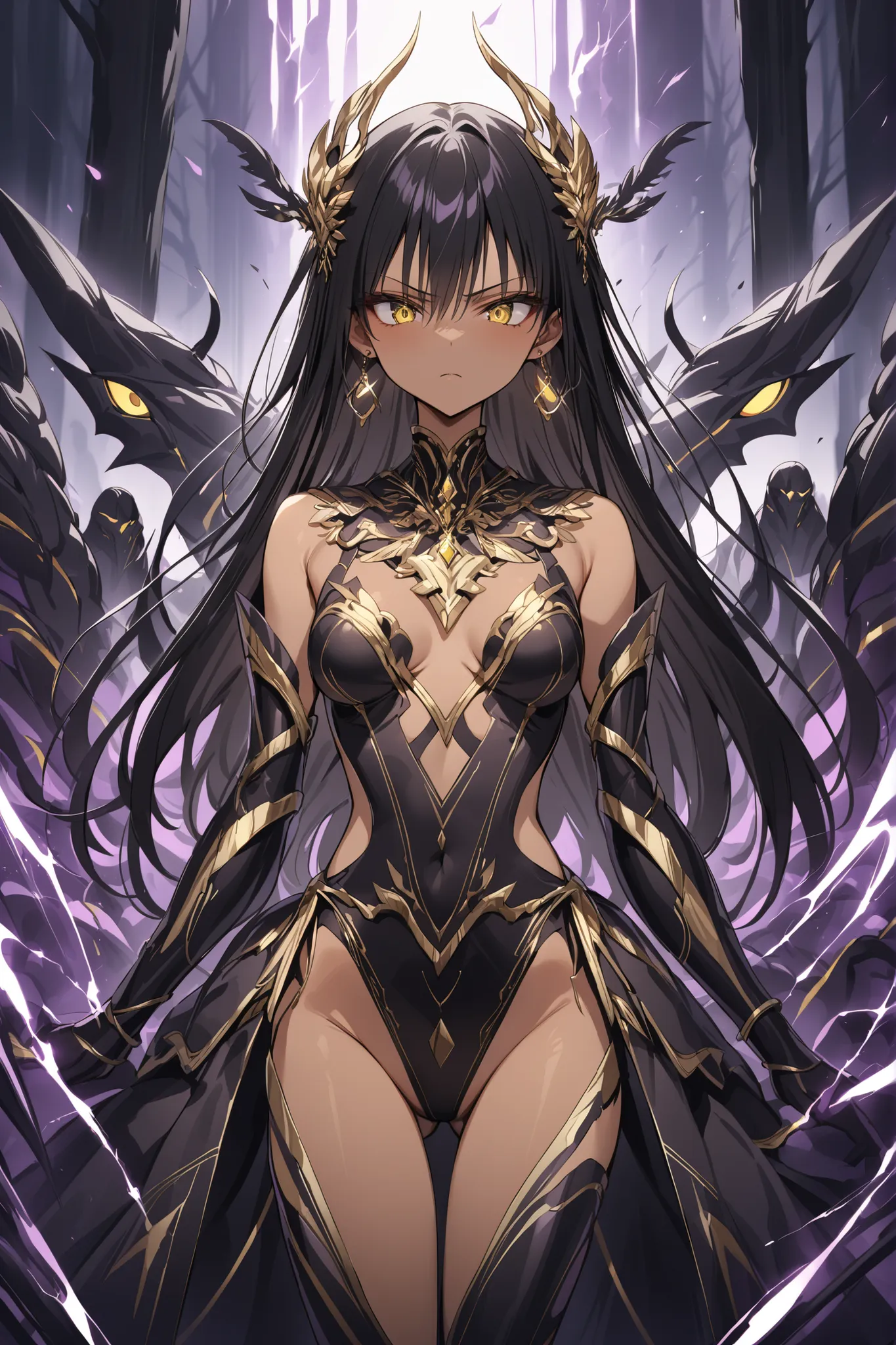 ((masterpiece,Highest Quality:1.2)),(soro),A slender, slender, and slender princess fighting fiercely against many monsters on a dark battlefield,cowboy shot, healthy tan skin ,black long hair,Perfect yellow eyes, tree eyes ,serious expression,A hair acces...