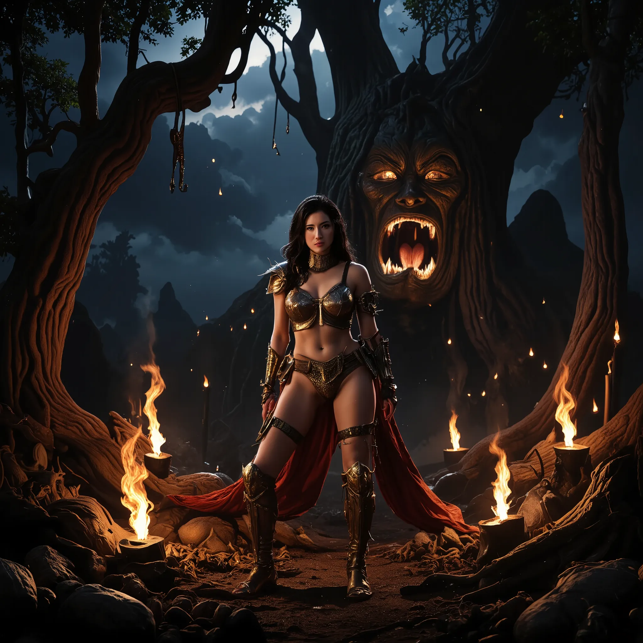 jia lissa dressed in mortal kombatred bikini with heavy armor metal bikkini armor is doing a card pose ready for battle. In a dark forest, a wild forest, a tree in the shape of a gaping face with sharp teeth, at night, torches, flashlights, rims.