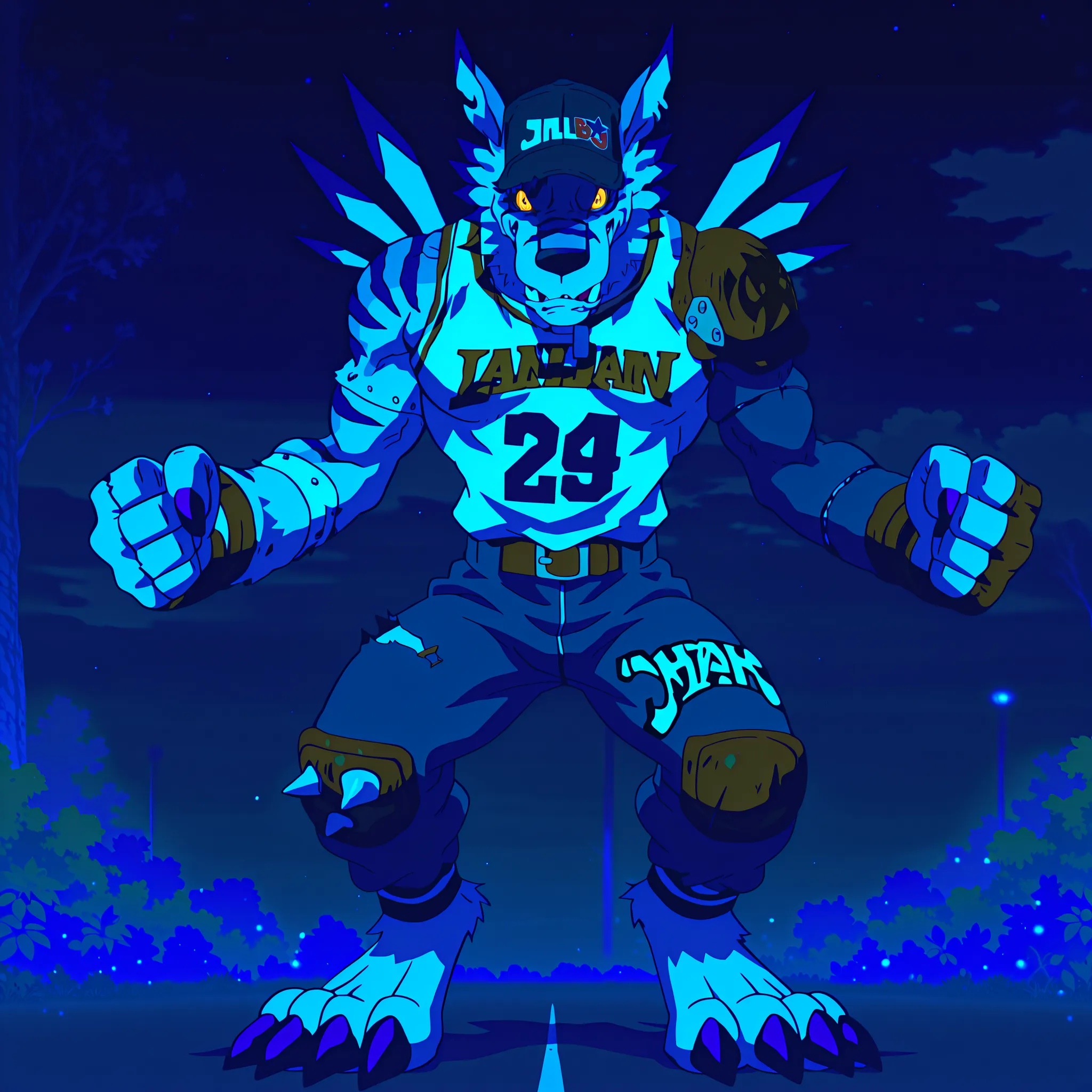 masterpiece, best quality, amazing quality, weregmonil, anthro, male, wolf, light blue fur, yellow eyes, dark blue stripes, purple claws, ripped blue jeans jorts with a spiked knee-pad on the right leg, a leather pauldron on left shoulder, blue arm sleeve...