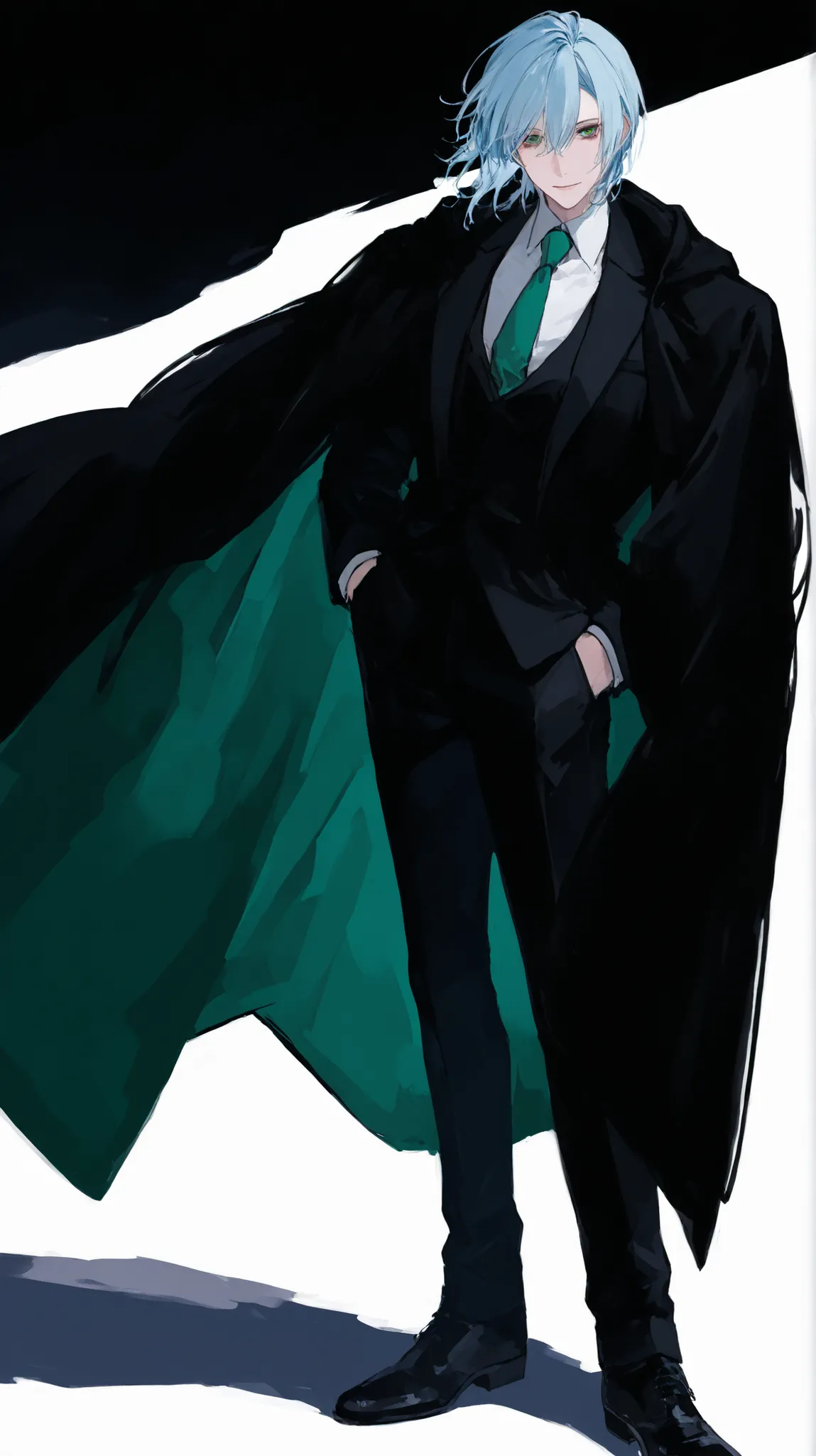 top quality　male　Full Body　front　Standing picture　mafia　pale light blue hair　tall　Dark blue-green eyes　Black Cloak Coat　black suit　blue-green ties　Bewitching　white background　beautiful