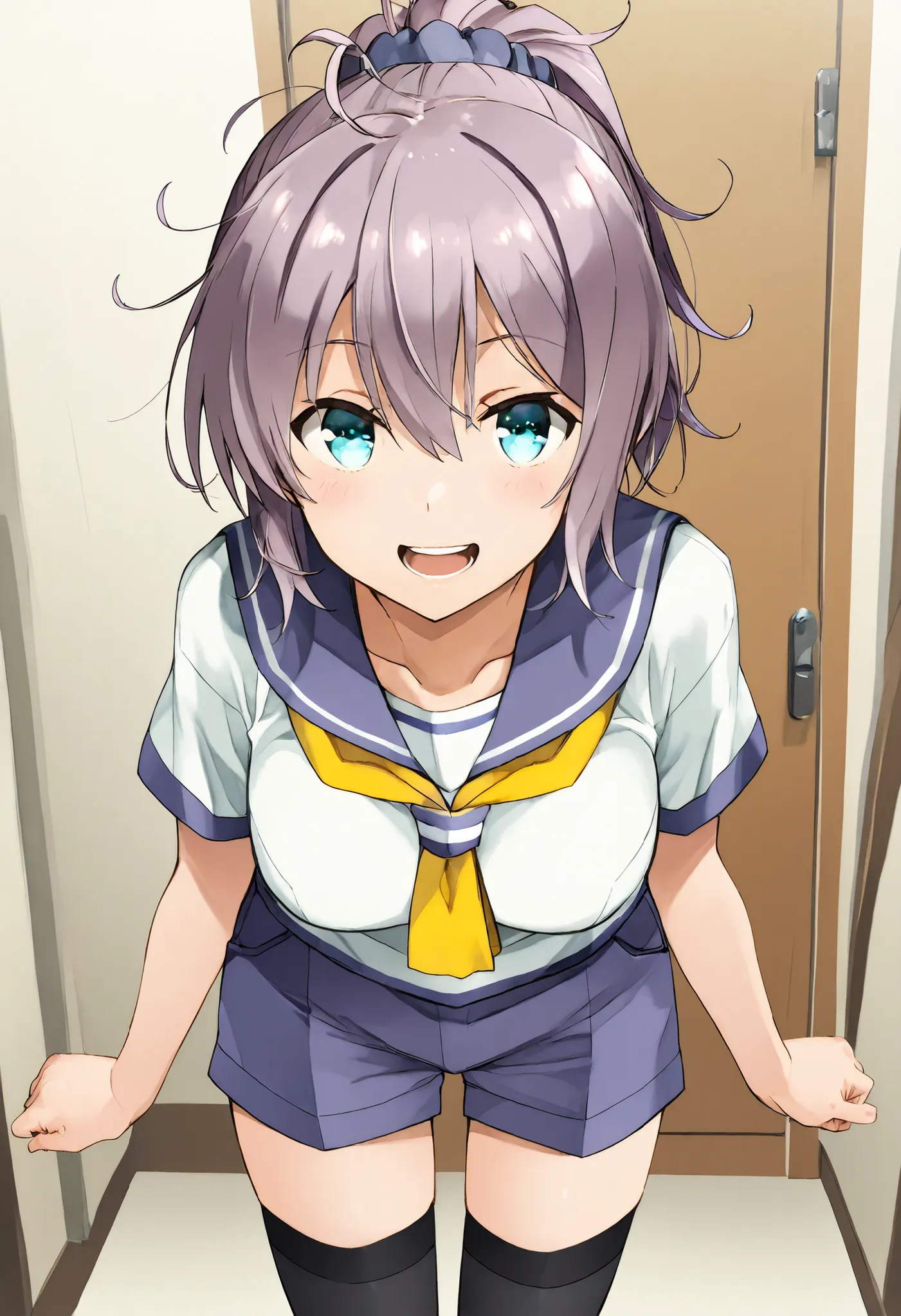 Aoba (KANCOLLE))
one girl, solos, detailed skin, Smiling, Open your mouth,
score_9,score_8_up, score_7_up, Source_Anime, masterpiece, top quality, official art, official style,  game CG, 
aobakc, purple_hair, messy hair, short ponytail, blue eyes, aqua eye...