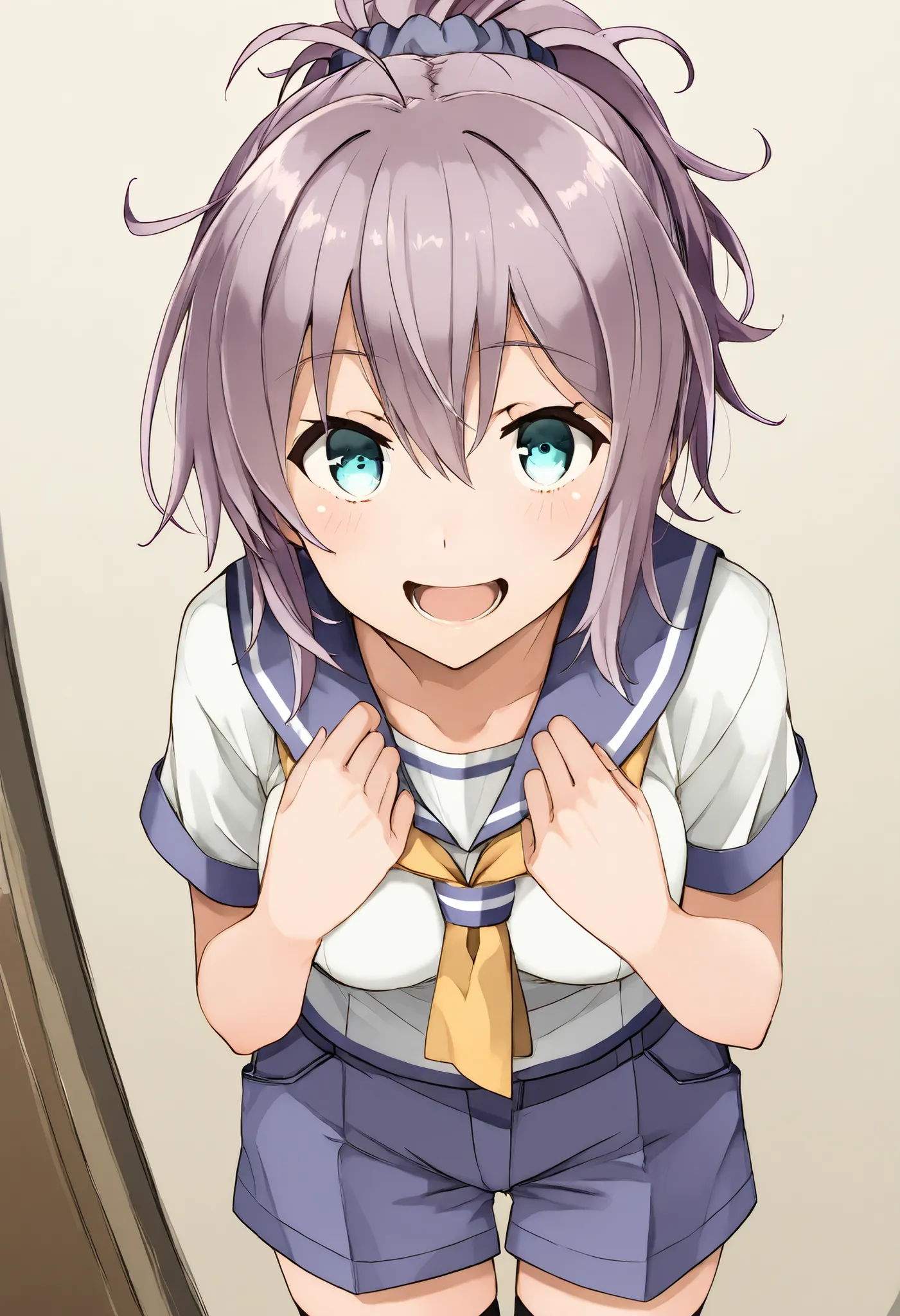 Aoba (KANCOLLE))
one girl, solos, detailed skin, Smiling, Open your mouth,
score_9,score_8_up, score_7_up, Source_Anime, masterpiece, top quality, official art, official style,  game CG, 
aobakc, purple_hair, messy hair, short ponytail, blue eyes, aqua eye...