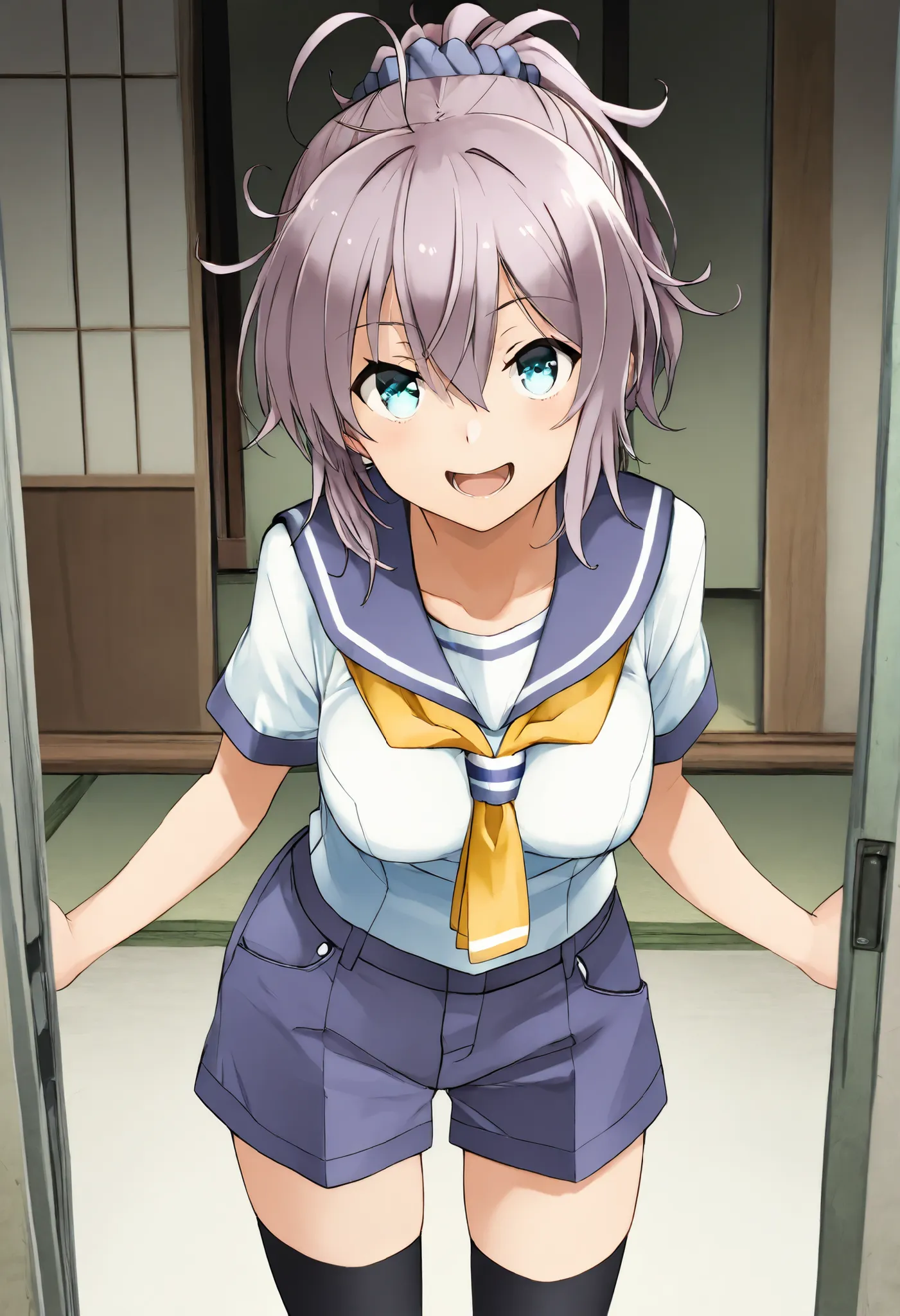 Aoba (KANCOLLE))
one girl, solos, detailed skin, Smiling, Open your mouth,
score_9,score_8_up, score_7_up, Source_Anime, masterpiece, top quality, official art, official style,  game CG, 
aobakc, purple_hair, messy hair, short ponytail, blue eyes, aqua eye...