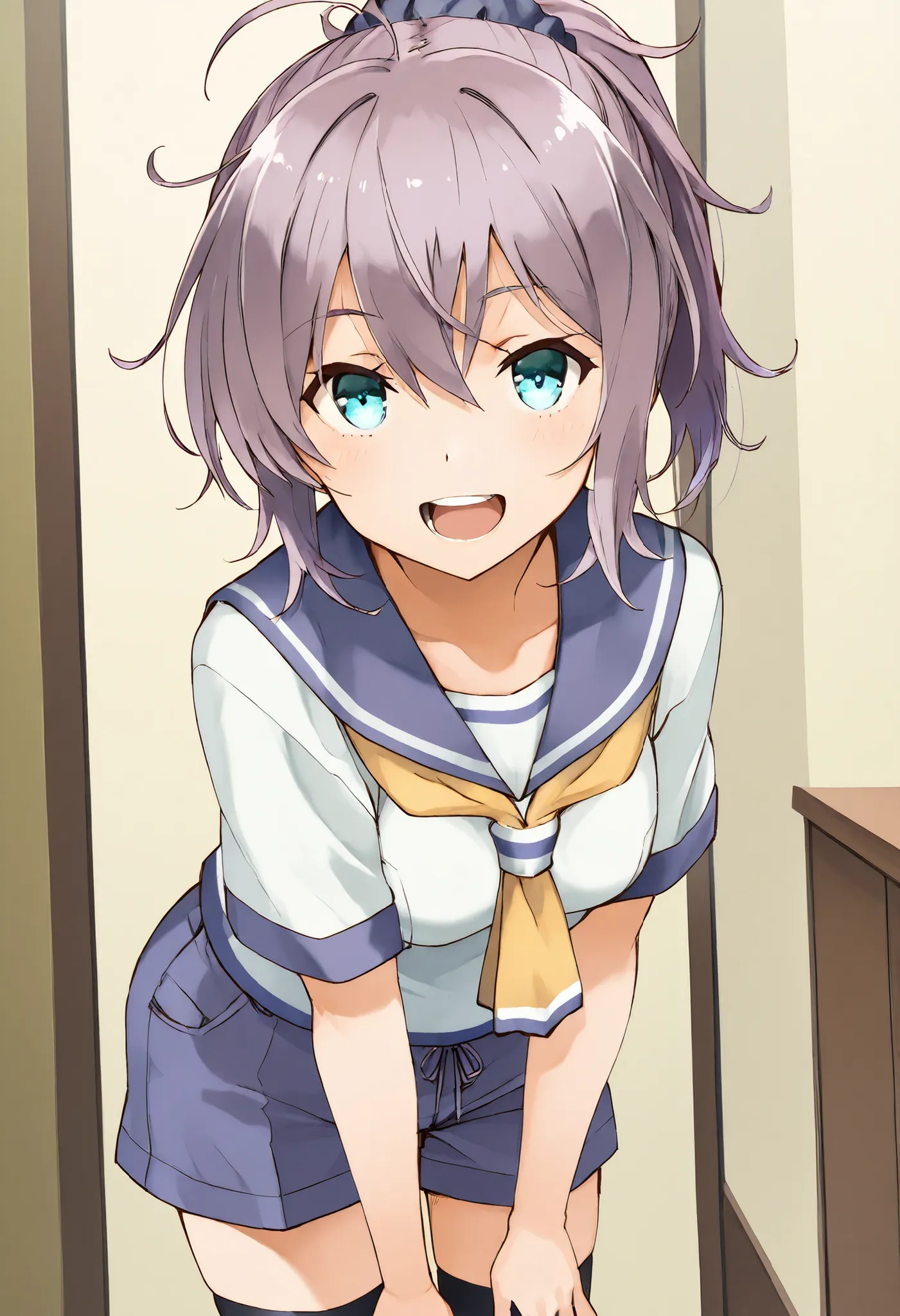 Aoba (KANCOLLE))
one girl, solos, detailed skin, Smiling, Open your mouth,
score_9,score_8_up, score_7_up, Source_Anime, masterpiece, top quality, official art, official style,  game CG, 
aobakc, purple_hair, messy hair, short ponytail, blue eyes, aqua eye...
