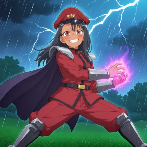 Masterpiece, better quality, very aesthetic, 1girl, Alone,  anime screenshot, anime coloring, 
nagatoro hayase, brown eyes, mujer standingl oscura, tan, black hair, Forklifts, clip para la oreja, hair ornament, long hair, colmillo standingl, 
peaked cap, j...