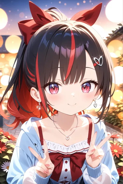 Gal、hair streaked hair、ponytail、big red ribbon、cute、peace sign、 silver earrings and necklaces 、high quality、4K、Real Photos、Precise Details、A well-shot portrait、Studio Lighting、Extreme Details、professional、vivid colors、Bokeh、Outdoor Garden、Evening Light、war...