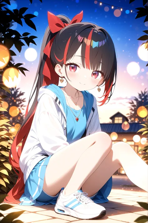 Full Body、Gal、hair streaked hair、ponytail、big red ribbon、cute、 silver earrings and necklaces 、high quality、4K、Real Photos、Precise Details、A well-shot portrait、Studio Lighting、Extreme Details、professional、vivid colors、Bokeh、Outdoor Garden、Evening Light、warm...