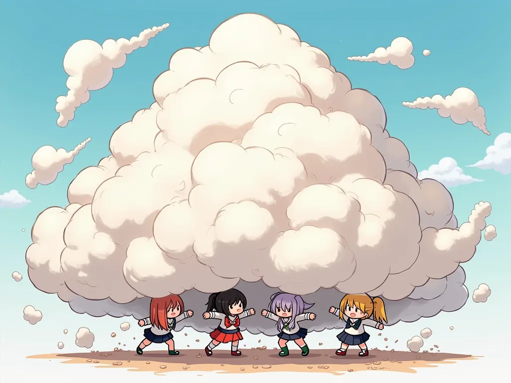 アニメ風のイラストで、多くのオタクガールたちがコミカルな戦闘雲の中でじゃれ合って格闘している様子を描いている.
それぞれのオタクガールは違う色の髪をしています.
彼らの顔,手,雲の中から足が出て来て、ユーモラスに格闘しているのが見える,  残りの体は雲の中に完全に隠れている.
イラストは、彼らの喧嘩の滑稽で活発な性質を強調しています,ふわふわで誇張された戦闘雲.