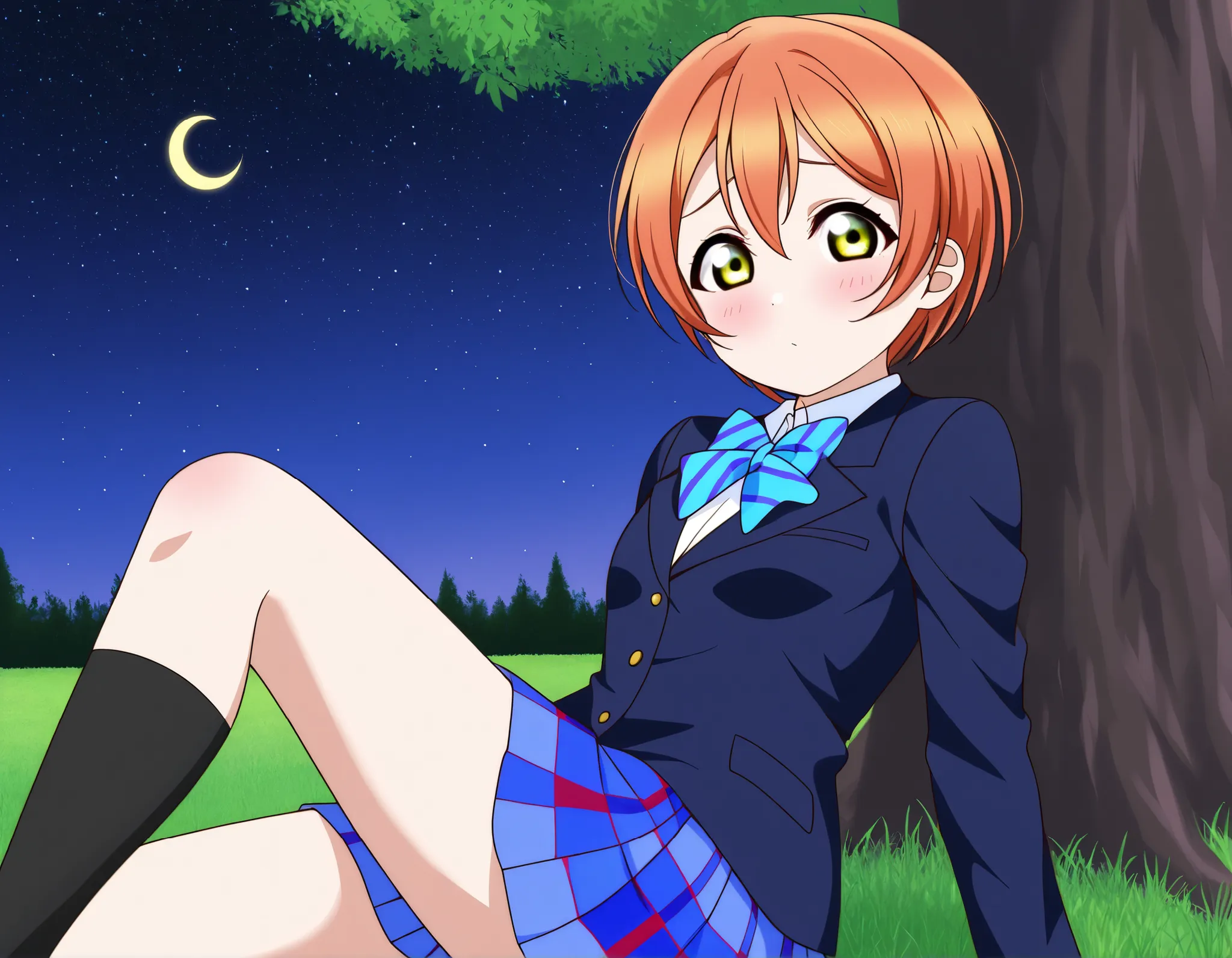 1girl, hoshizora rin, striped, short hair, blush, otonokizaka school uniform, lovelive_rin black blazer, blue plaid skirt, blue stripe bowtie, orange hair, very short hair, hair between eyes, yellow green eyes,knee up,crescent moon, stars (sky),looking at ...