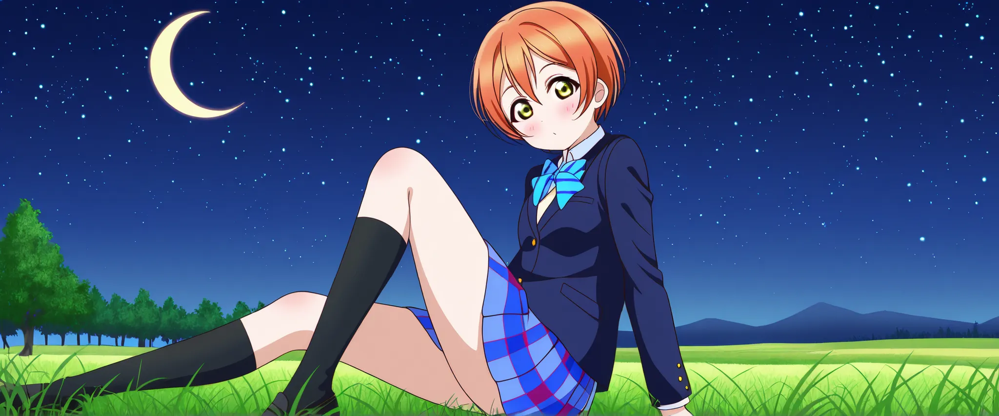 1girl, hoshizora rin, striped, short hair, blush, otonokizaka school uniform, lovelive_rin black blazer, blue plaid skirt, blue stripe bowtie, orange hair, very short hair, hair between eyes, yellow green eyes,knee up,crescent moon, stars (sky),looking at ...