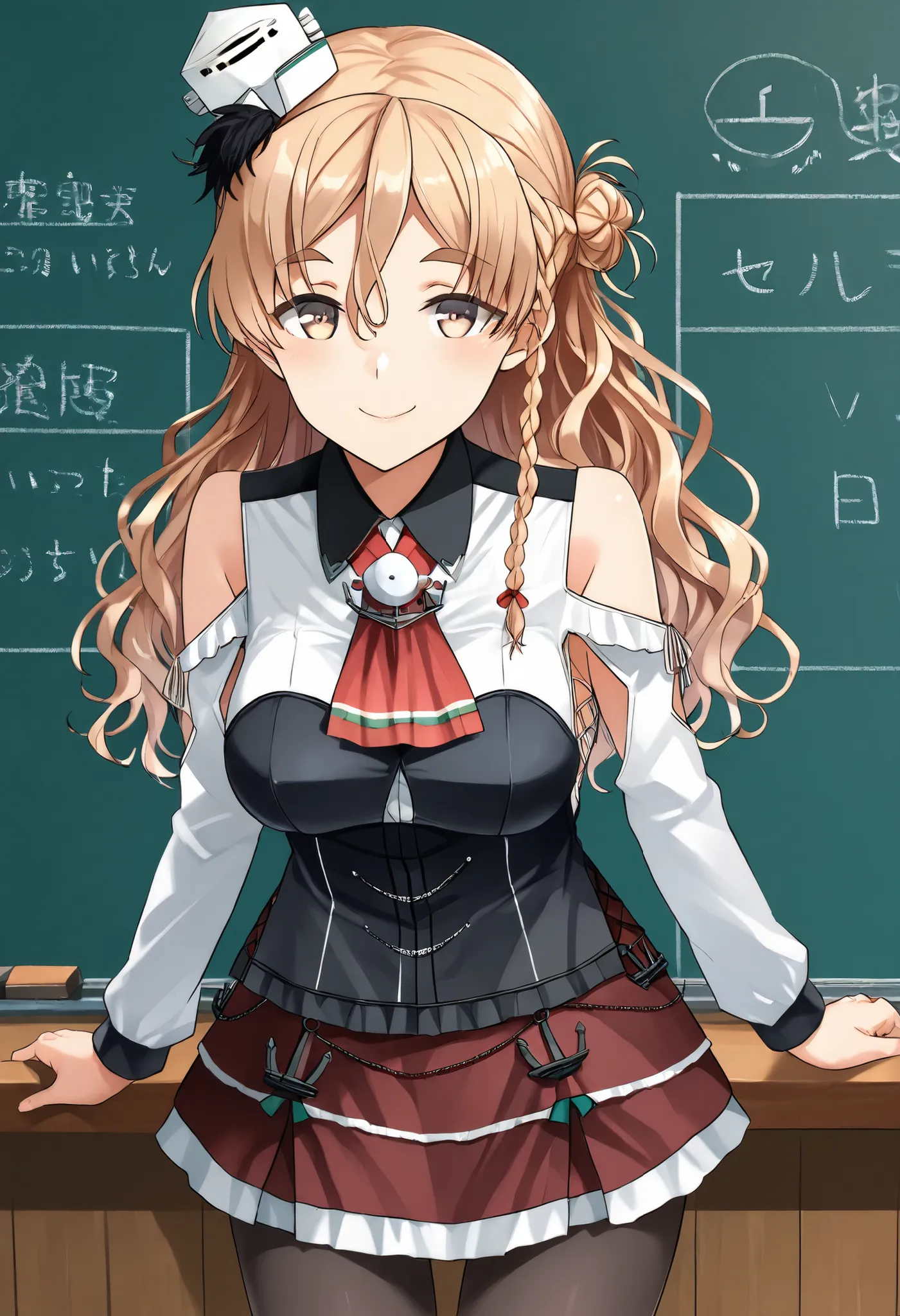 Zara (KANCOLLE))
one girl, solos, detailed skin, Smiling, 
score_9,score_8_up, score_7_up, Source_Anime, masterpiece, top quality, official art, official style,  game CG, 
zaraKC, long hair,skirt, shirt, long sleeves, bare shoulders, braid, pantyhose, mini...