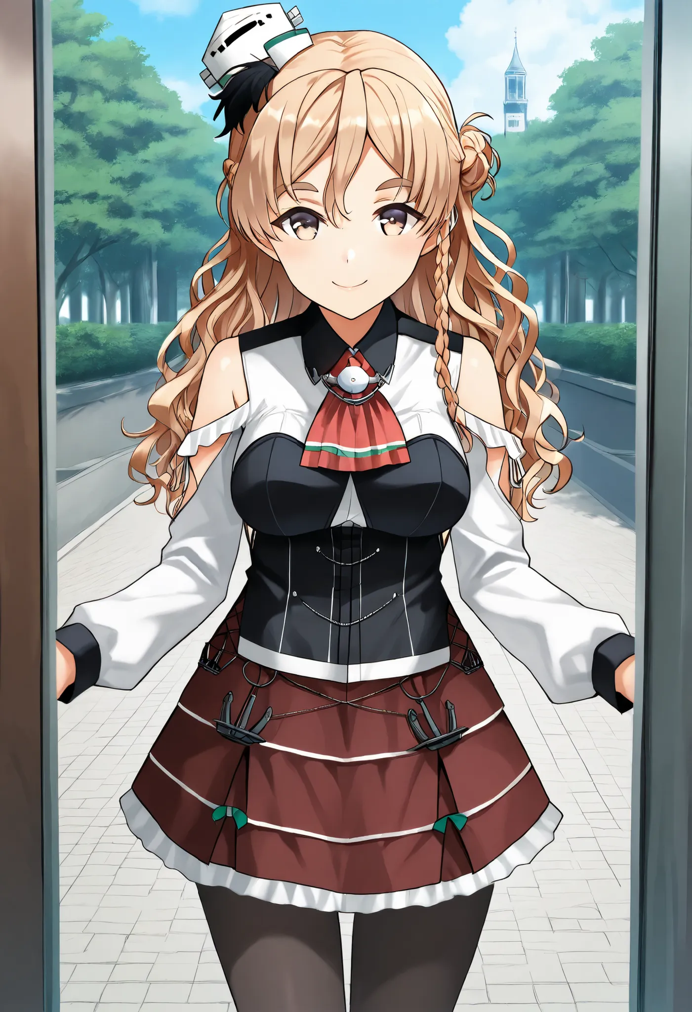 Zara (KANCOLLE))
one girl, solos, detailed skin, Smiling, 
score_9,score_8_up, score_7_up, Source_Anime, masterpiece, top quality, official art, official style,  game CG, 
zaraKC, long hair,skirt, shirt, long sleeves, bare shoulders, braid, pantyhose, mini...