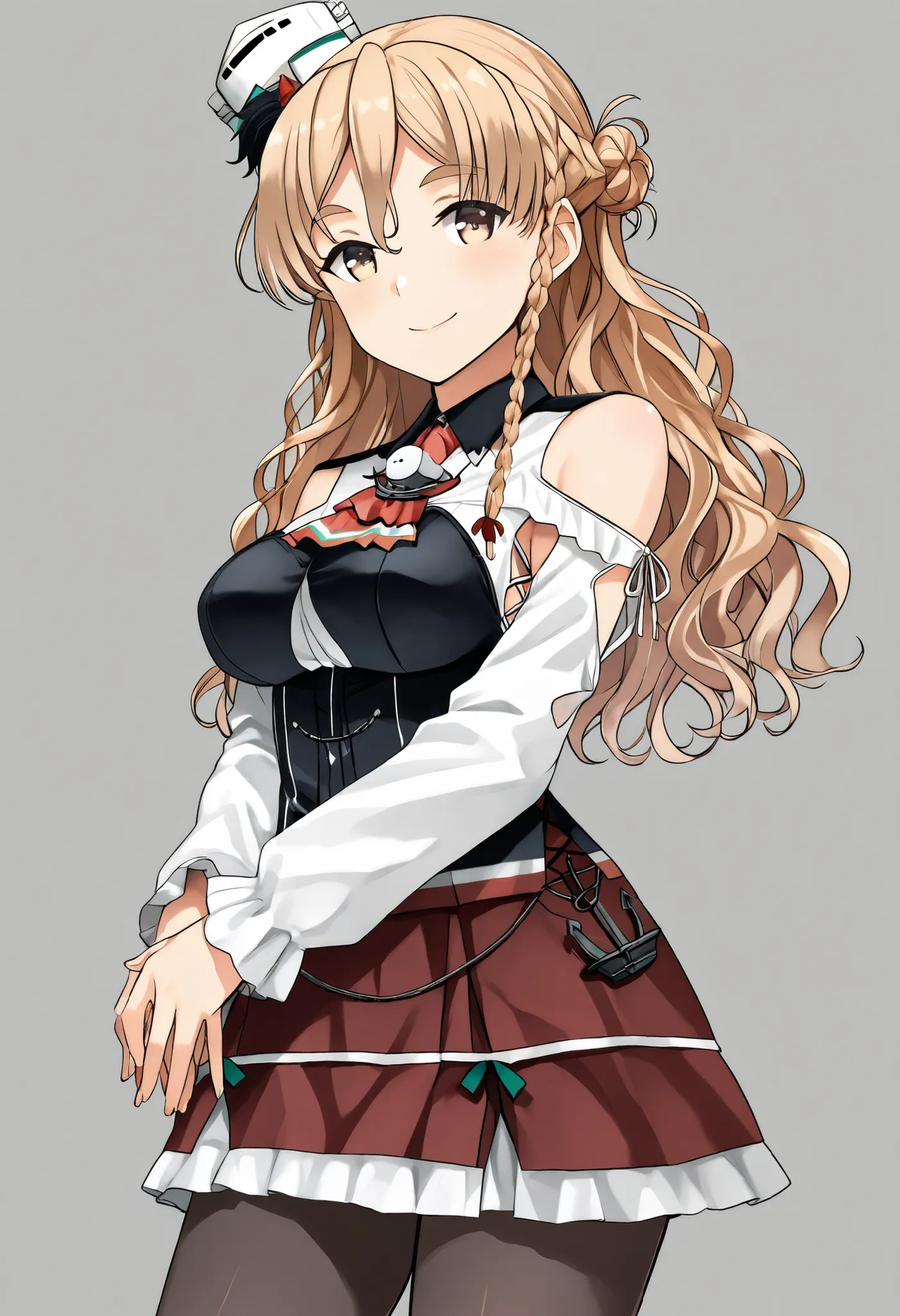 Zara (KANCOLLE))
one girl, solos, detailed skin, Smiling, 
score_9,score_8_up, score_7_up, Source_Anime, masterpiece, top quality, official art, official style,  game CG, 
zaraKC, long hair,skirt, shirt, long sleeves, bare shoulders, braid, pantyhose, mini...